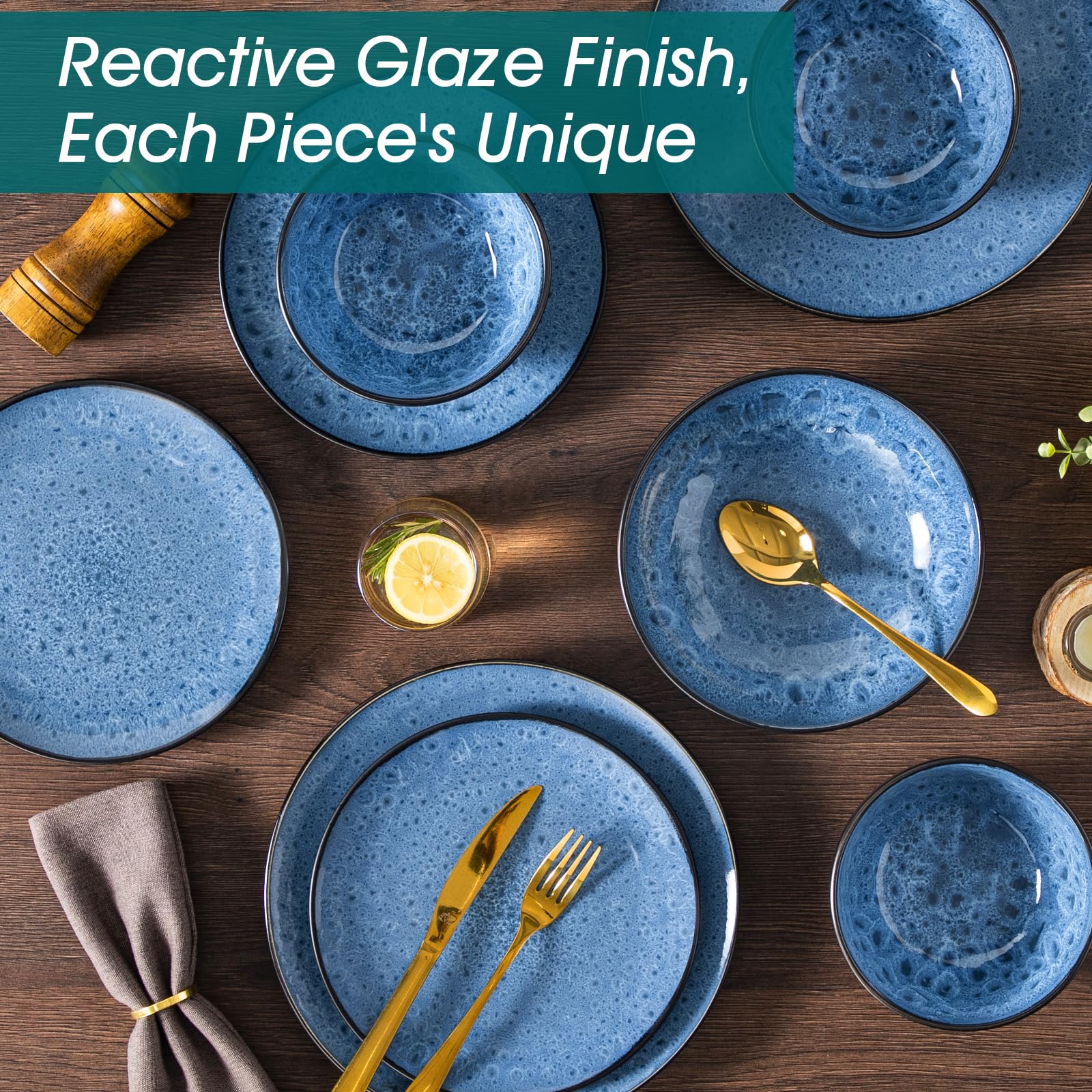 vancasso Service de Table pour 6 Personnes, Service Vaisselle 24 Pièces en Grès - 6 Assiettes Plates, 6 Assiettes à Dessert, 6 Assiettes Creuses et 6 Bols - Glaçure Bleu, Compatible Micro-Ondes