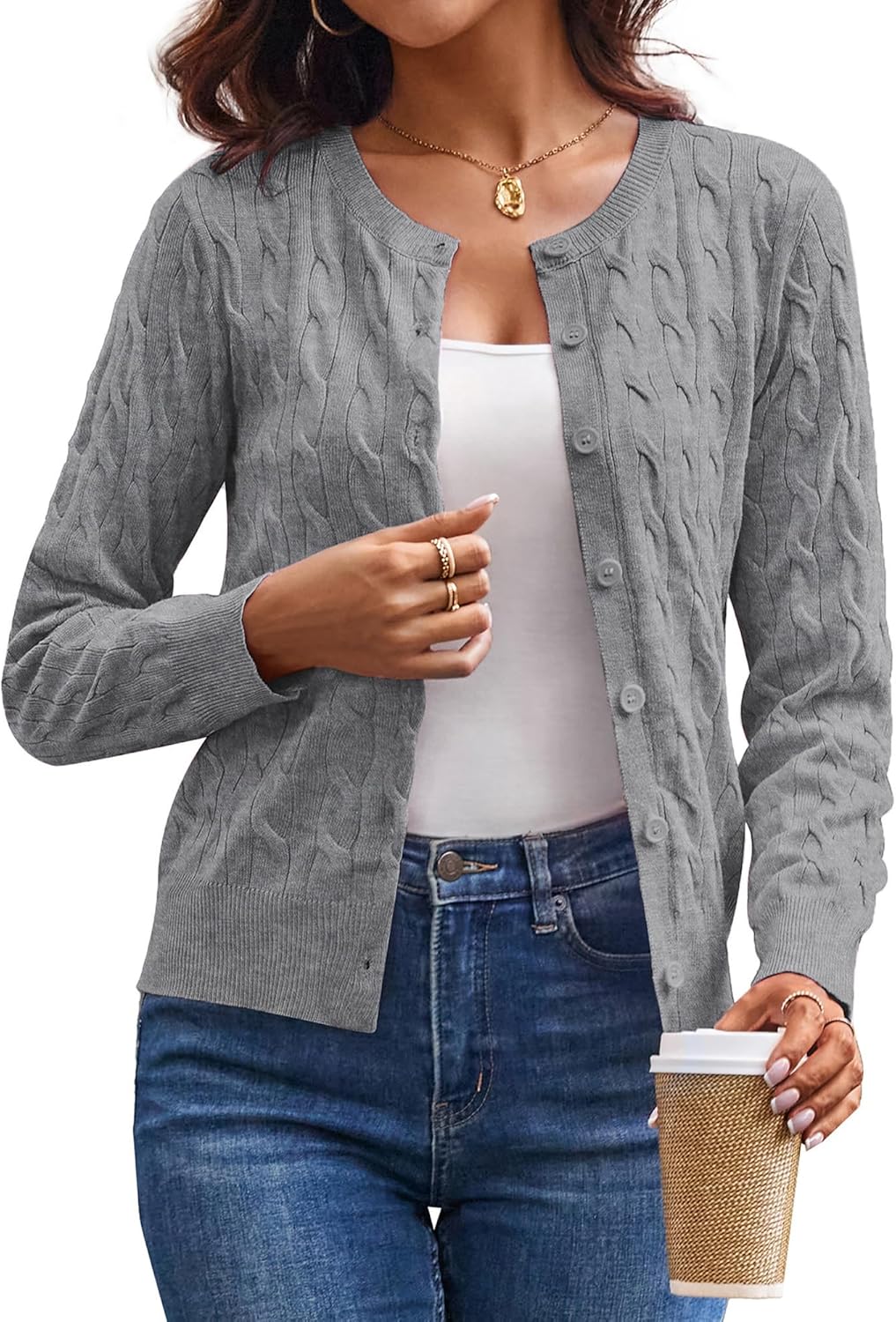 GRACE KARIN Womens Long Sleeve Button Up Cable Knit Cardigan Lightweight 2026 Crewneck Button Down Sweaters for Women