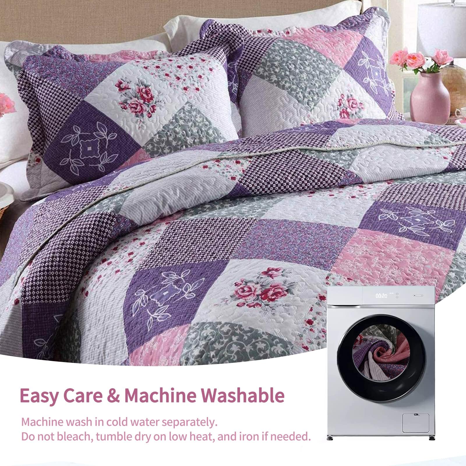 Qucover Cubrecama Patchwork para Cama 150 180,Colcha nordica bouti de piqué,Manta con Fundas de Almohada,Retazos Reversible para Matrimonio Verano King Size (Patchwork Púrpura, 230x250cm+50x70cm*2)
