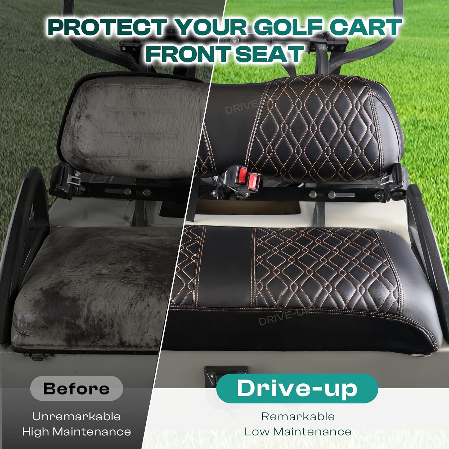DRIVE UP Golf Cart Leather Front Seat Covers, Diamond Cross Pattern Seat Covers Fit for 2000.5-Up Club Car DS Golf Carts, Black PVC with Brown Stitching, Wipe Clean