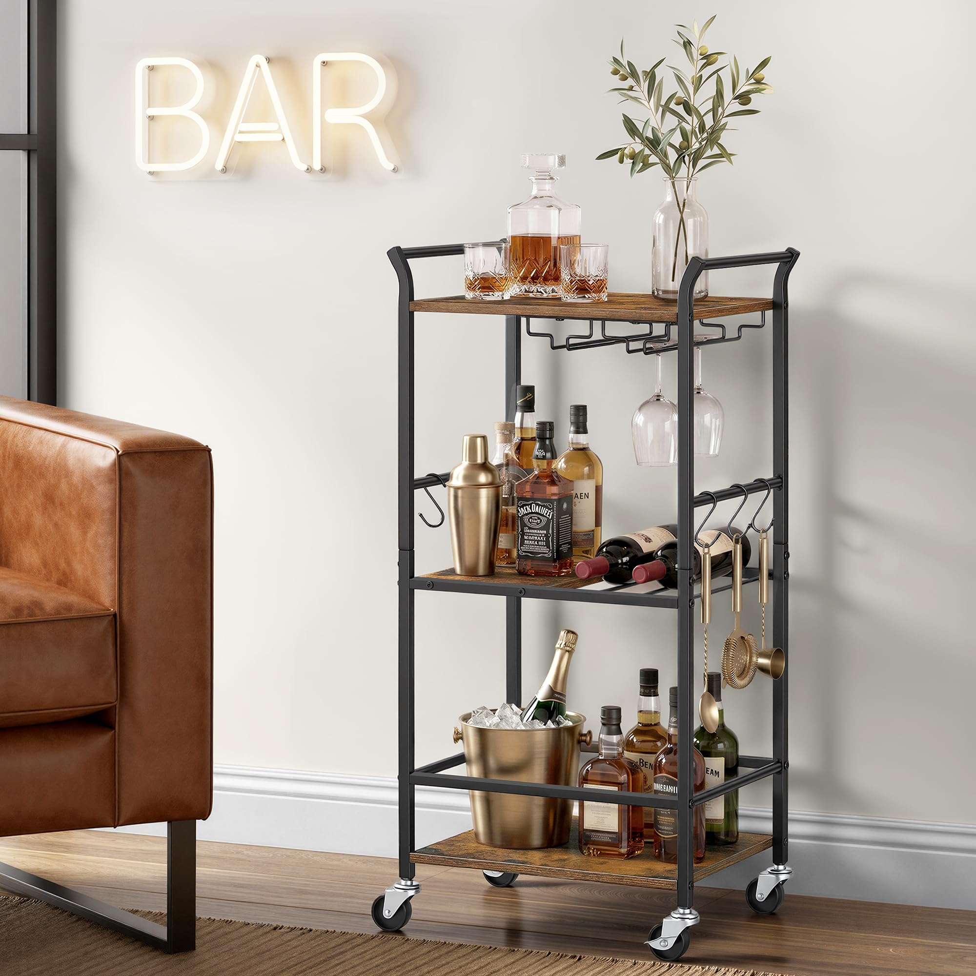 VASAGLE Drinks Trolley, Bar Cart, 3-Tier on Wheels, 44.5 x 32 x 85.5 cm, for Home Bar, Kitchen, Dining Room, Rustic Brown and Matte Black LRC190K101