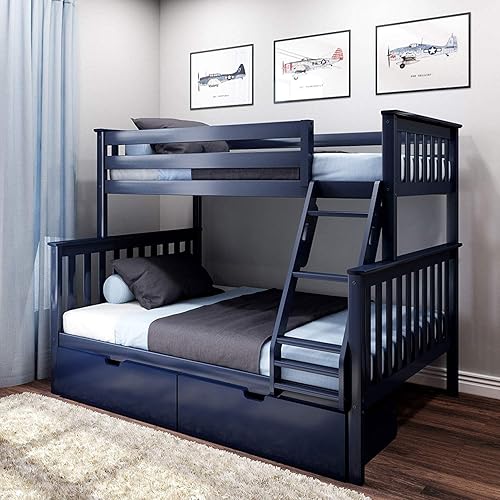 Max & Lily Bunk Bed, Twin-Over-Full Wood Bed Frame for Kids with Storage Drawers, Blue