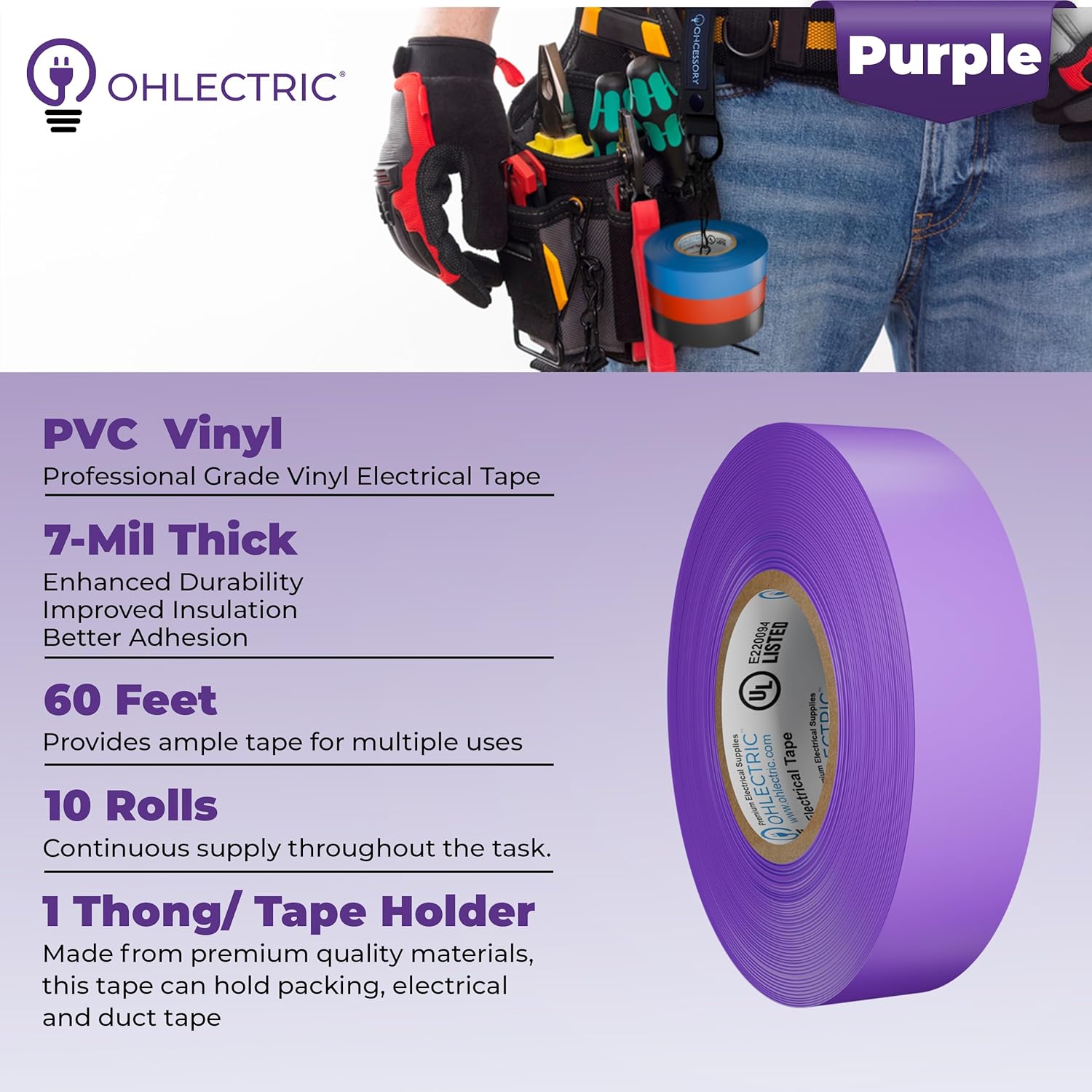 OHLECTRIC Professional Grade Vinyl Purple Electrical Tape with Electricians Tape Holder Chain, Keyring and Trigger Snap Hook - 7Mm Thick, 3/4" x60' Size- 10-Pack Tape with 1 Tape Holder Chain