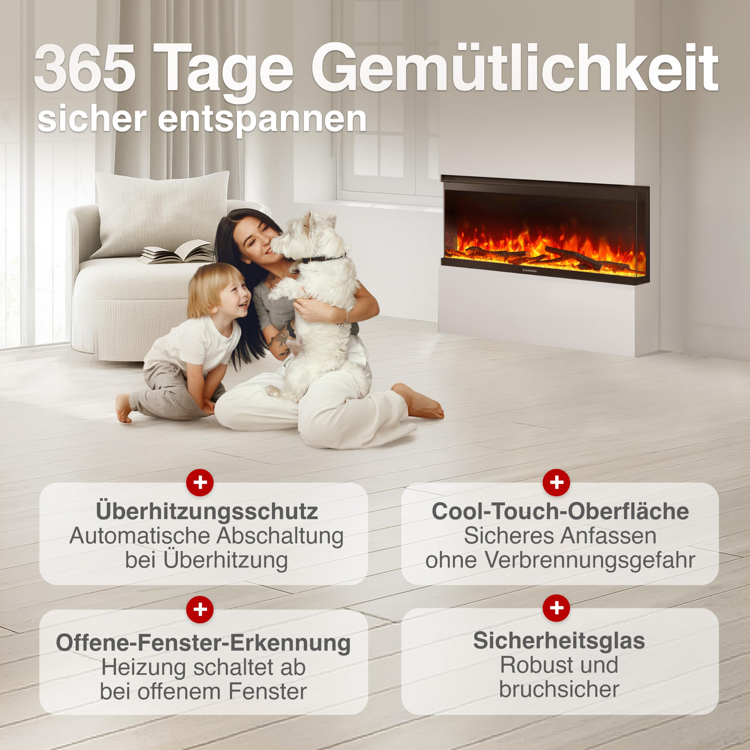 KAMINIO Elektrokamin LEA - Elektrischer 3-in-1 Kamin mit Panoramaview, Heizung, 3D-Flammeneffekt, 12 Flammenfarben, Fernbedienung (36 Zoll)
