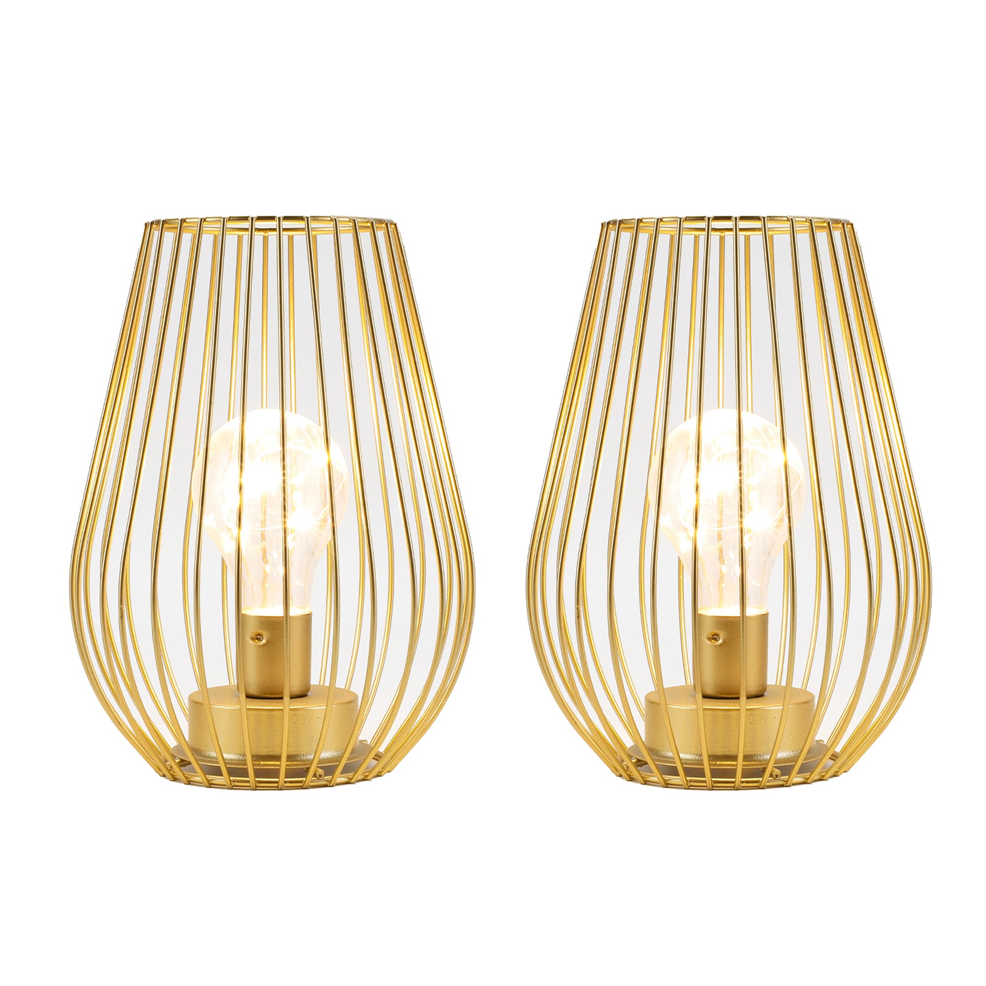 TRIROCKS Set di 2 lampade da tavolo senza fili in metallo, altezza 20 cm, a forma di gabbia, alimentate a batteria, per interni ed esterni, per Natale, giardino e matrimoni (oro)
