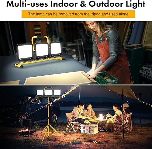 Miniatura 4 de Yaoledly Luces de trabajo de 225 W 22500 lúmenes con soporte, luz de trabajo LED de tres cabezales con interruptor individual, cable de alimentación