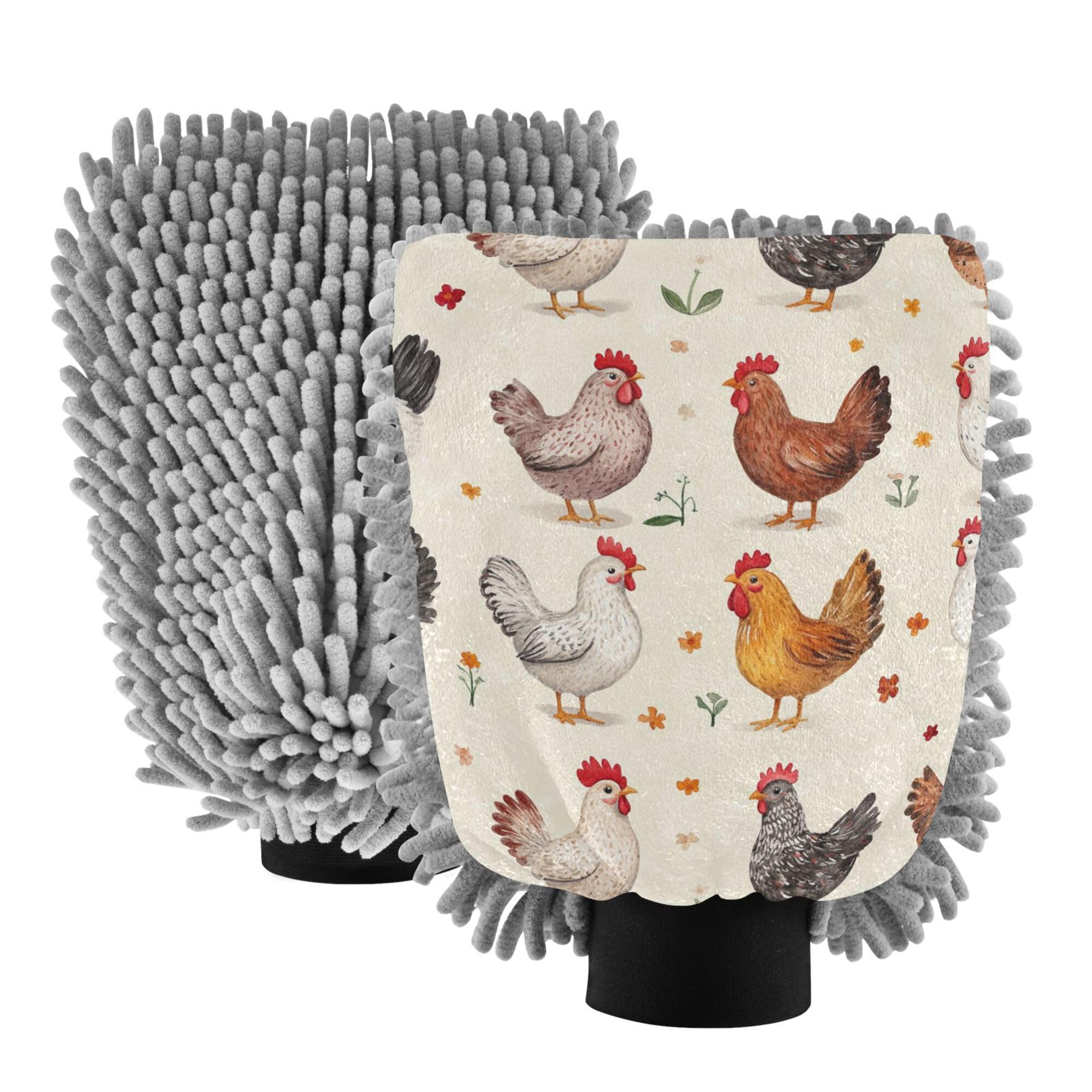 Cartoon Cute Chicken Beige Microfiber Mitt for Cars 2 Pack Gloves for Cars Washing Non Scratch Clean Sponges for Auto Supplies