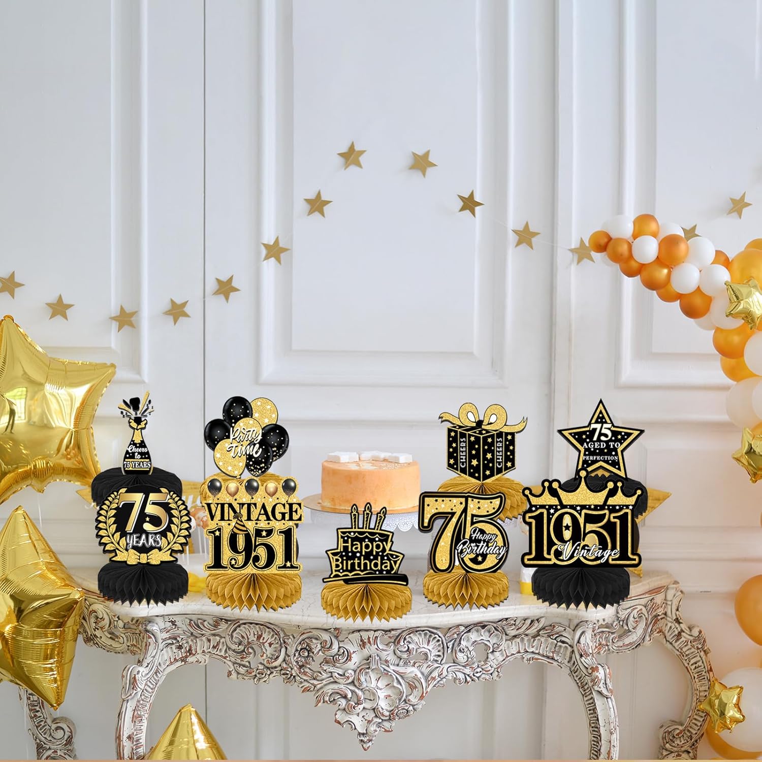 75th Birthday Decorations for Men, 9PCS Black Gold 75th Birthday Honeycomb Centerpieces Table Decorations Women, Vintage 75 Years Party Decor Supplies - Image 6