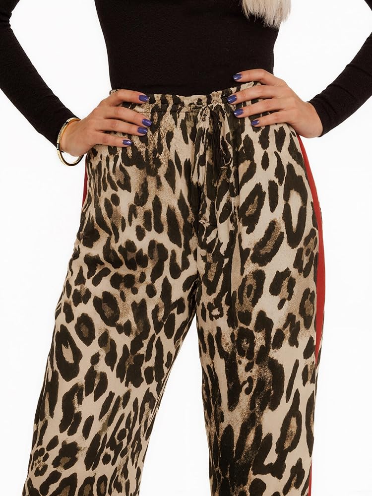 LIWEIKE Women's Leopard Print Pants Drawstring Color Block Side