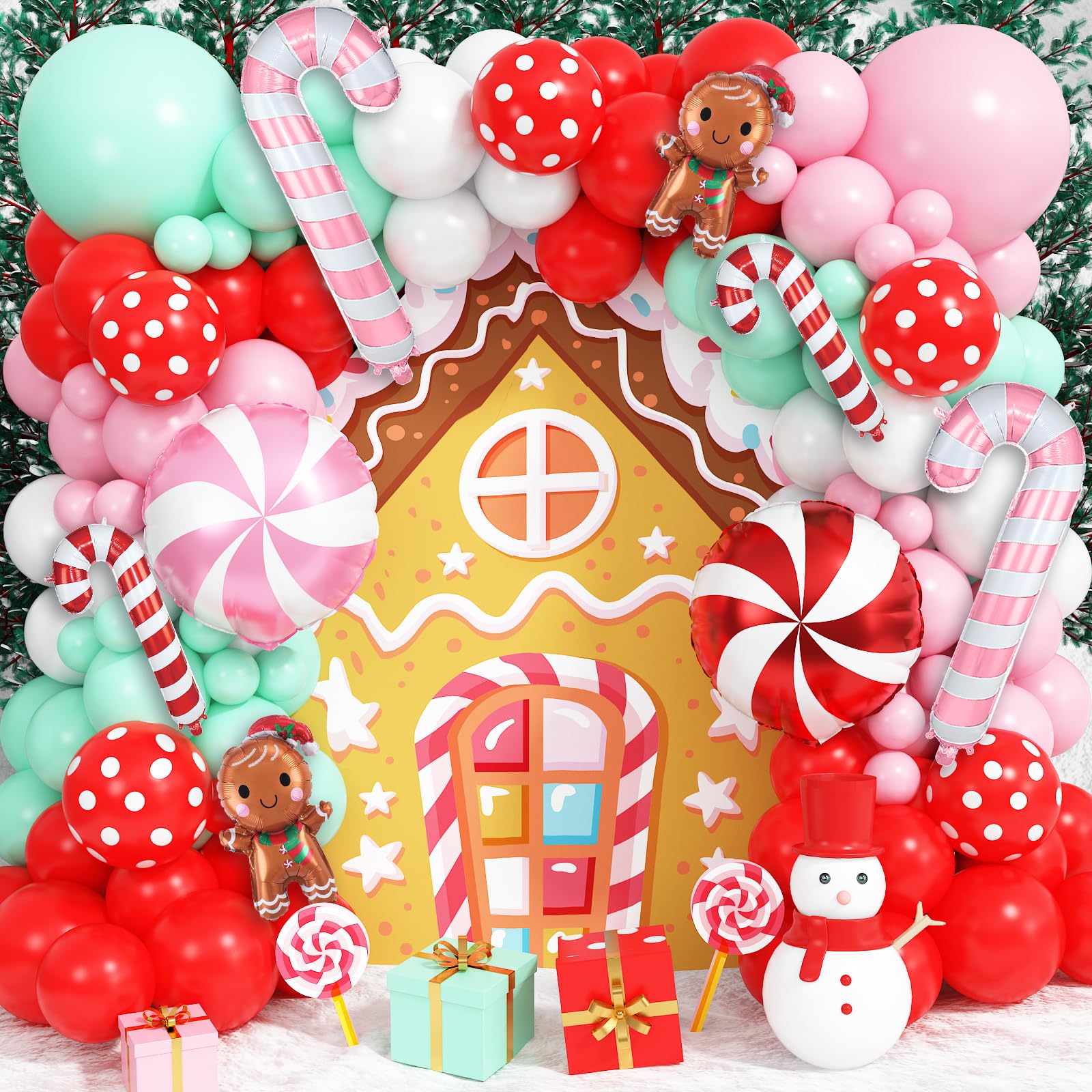 Christmas Balloons Arch Xmas 132PCS Red Pink Green White Balloon for Gingerbread Party Decorations with Cane Foil Balloons Lollipop Candy Balloon New Year Cookie Exchange Decor