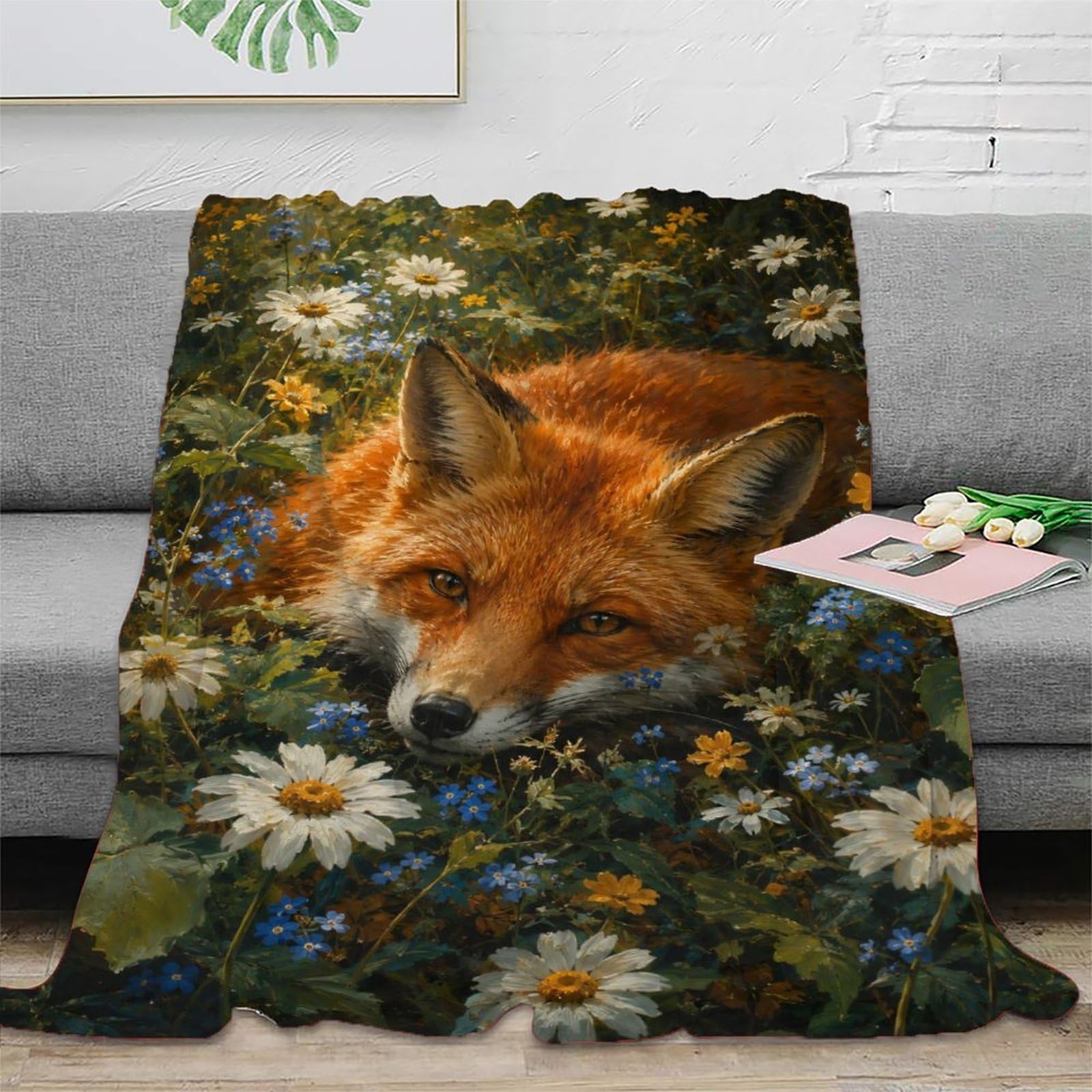 H3B8U2Y5 Fox Wildflower Blanket, Flannel, Camping, Woodland Animal Art