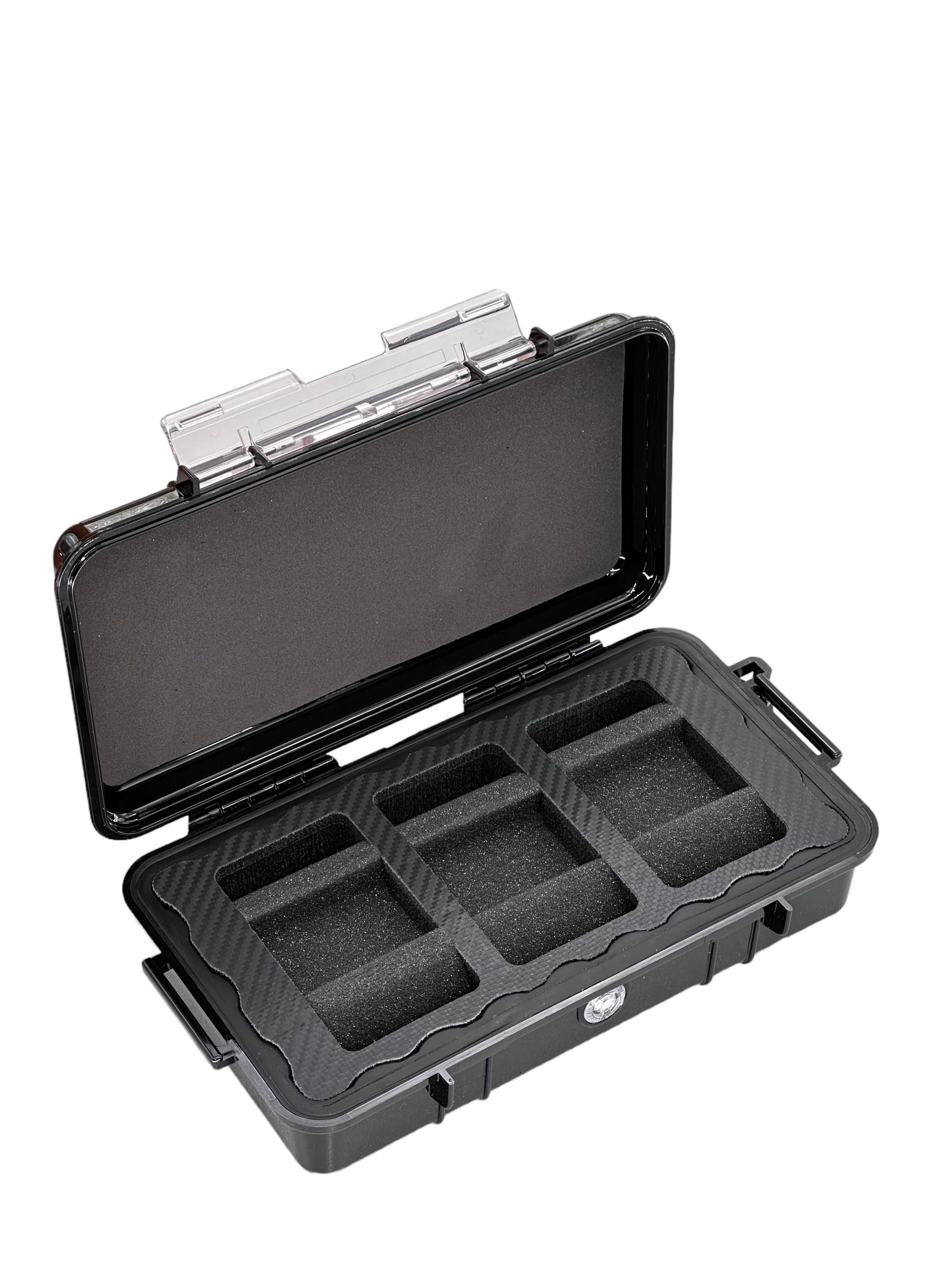 kompakte Uhrenbox für bis zu 3 Uhren - Wasserdicht - Extrem geschützt - Made in Germany - Luxery Line carbon Style - hochglanz schwarz - Perfekt für Reisen