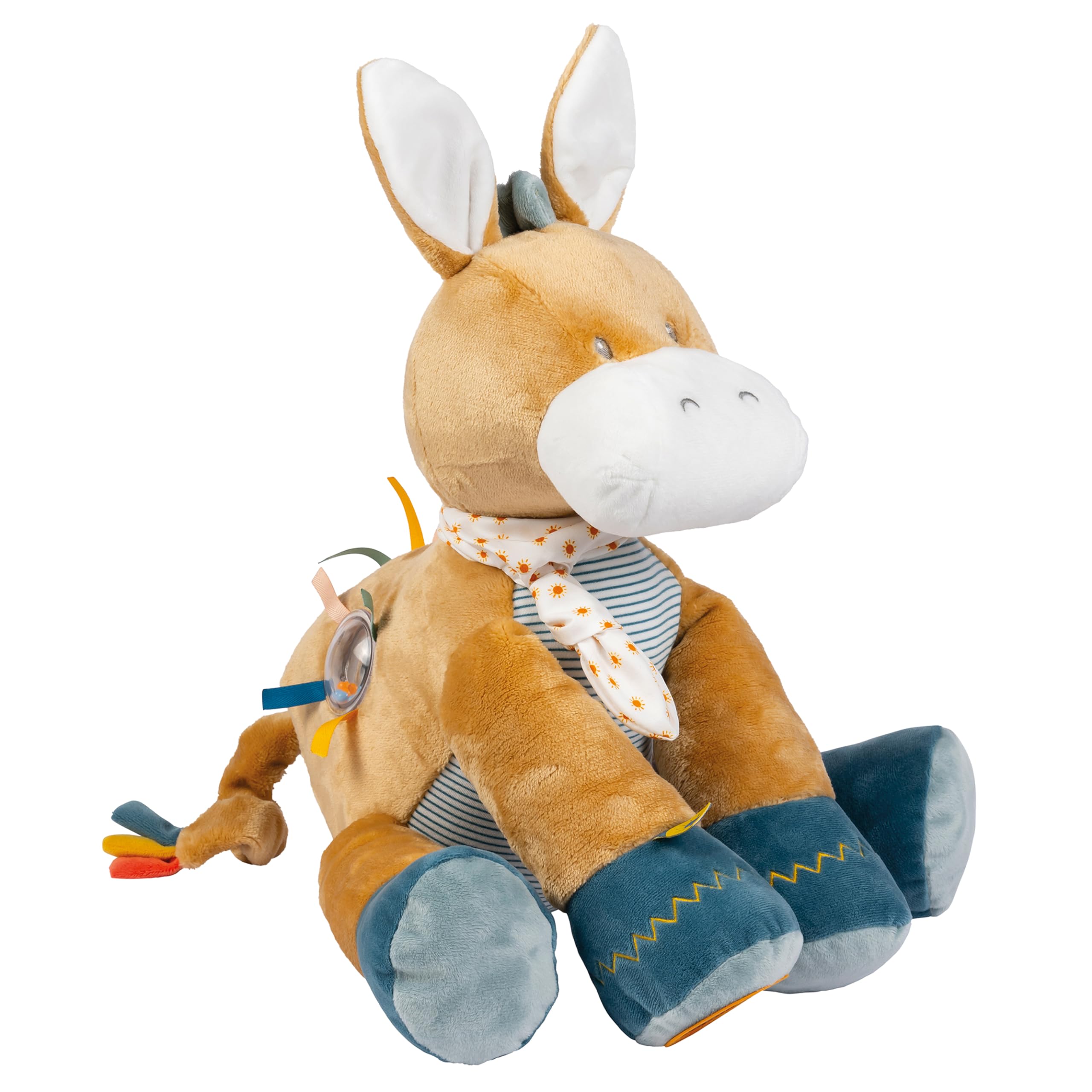 Nattou Peluche Active en Polyester, Peluche âne Leo avec hochet, Miroir et Plus, env. 45 cm, Felix et Leo, Beige