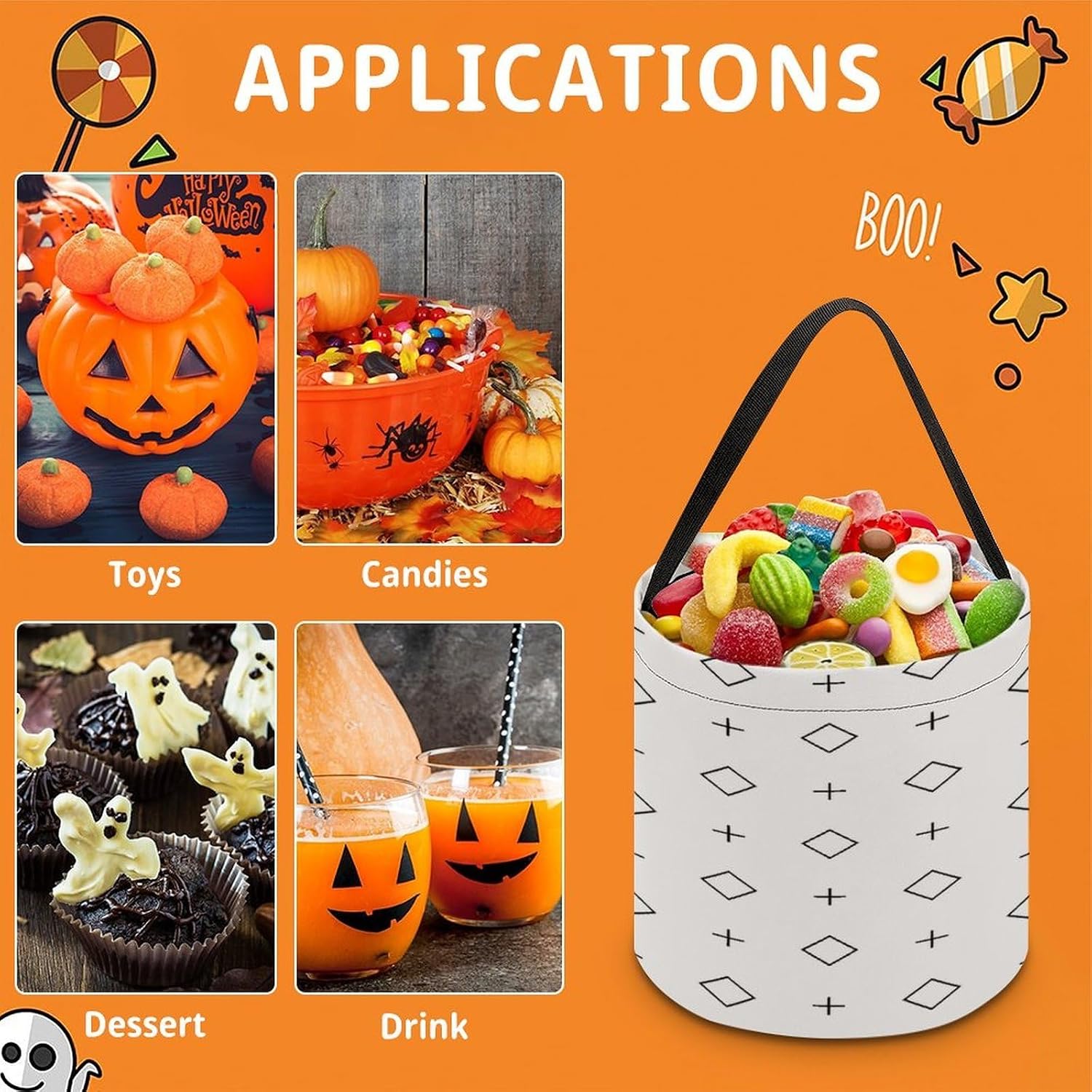 Lozenge Sigils Halloween Trick Or Treat Bucket Candy Tote Hand‑held Pouch for Cosplay Theme Party Gift Storage image 3