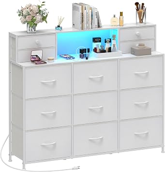 White Dressers for Bedroom with Power Outlets and LED Lights 13 Drawers Dresser Faux Leather Fabric Chest of Drawers for Bedroom Living Room Hallway Entryway Closets Sturdy Frame Wood Top