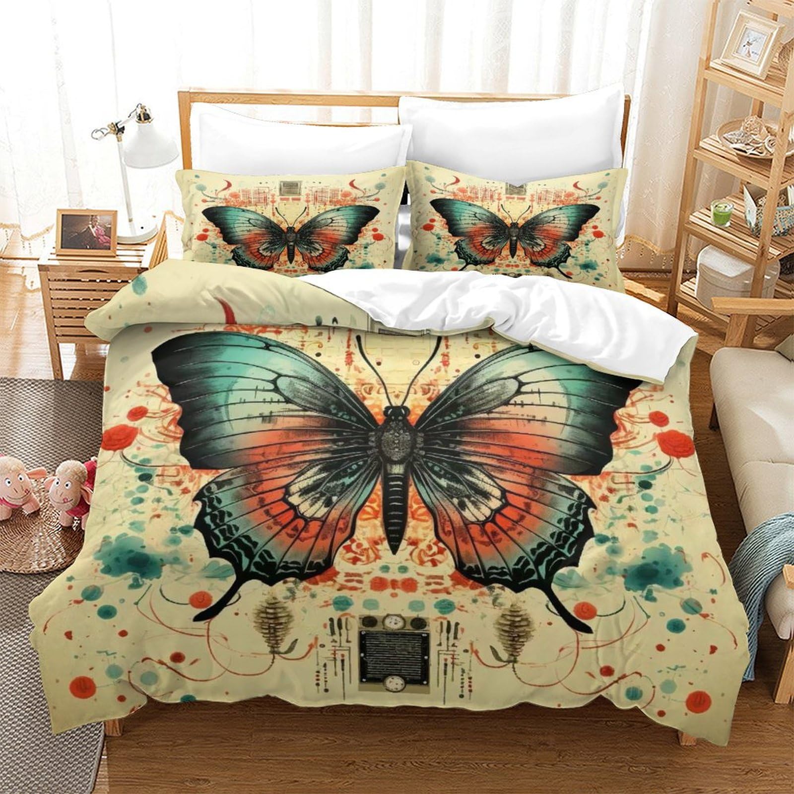 P1S9U7W5Y Artistic Butterfly 3D Printed Microfiber 3 Piece Duvet Cover Set for Adults Bedroom Decor Butterfly Bedding Set Soft All Season Super king（260x220cm）