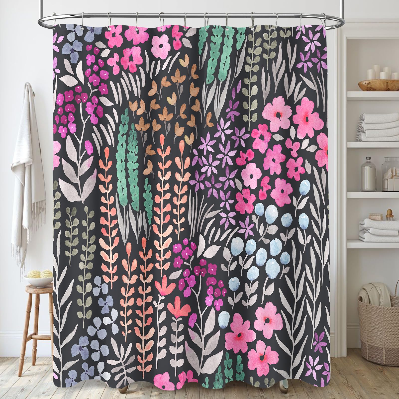 MAYZUS Black Pink Floral Shower Curtain, Hot Pink Boho Flower Fabric Shower Curtain, Cute Funky Watercolor Wildflower Shower Curtain Set, Cottagecore