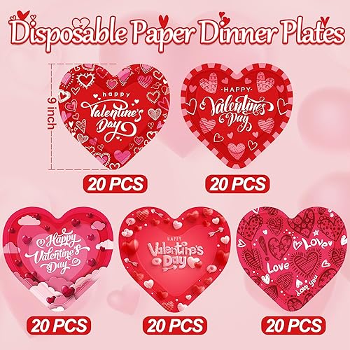 Miniatura 2 de 100 platos de corazón, platos desechables de papel de corazón de 9 pulgadas con 5 estilos, platos decorativos en forma de corazón, vajilla roja para