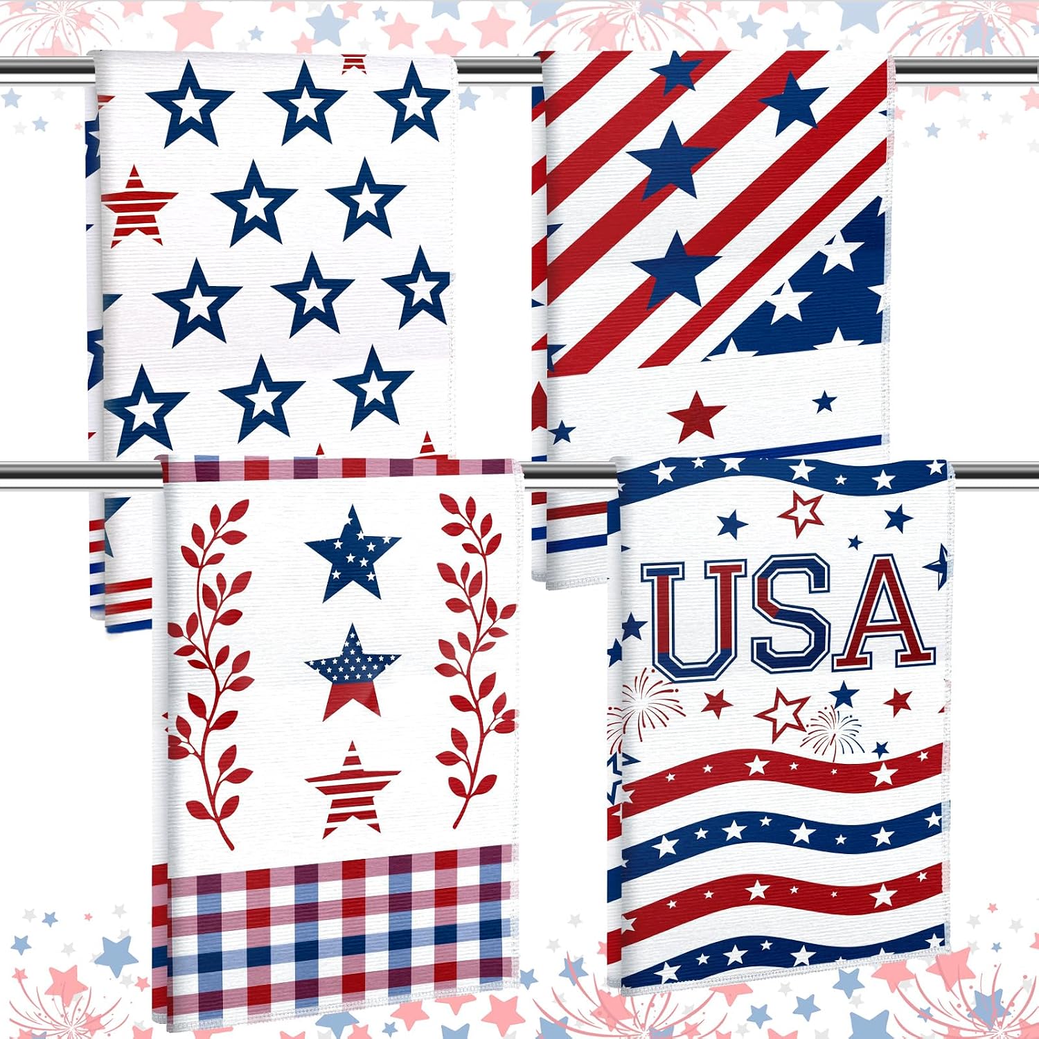 4th of July Kitchen Towels, Patriotic Red Blue and White Star Hand Towels Absorbent Holiday Cotton Dish Cloths for USA America Independence Day Decor