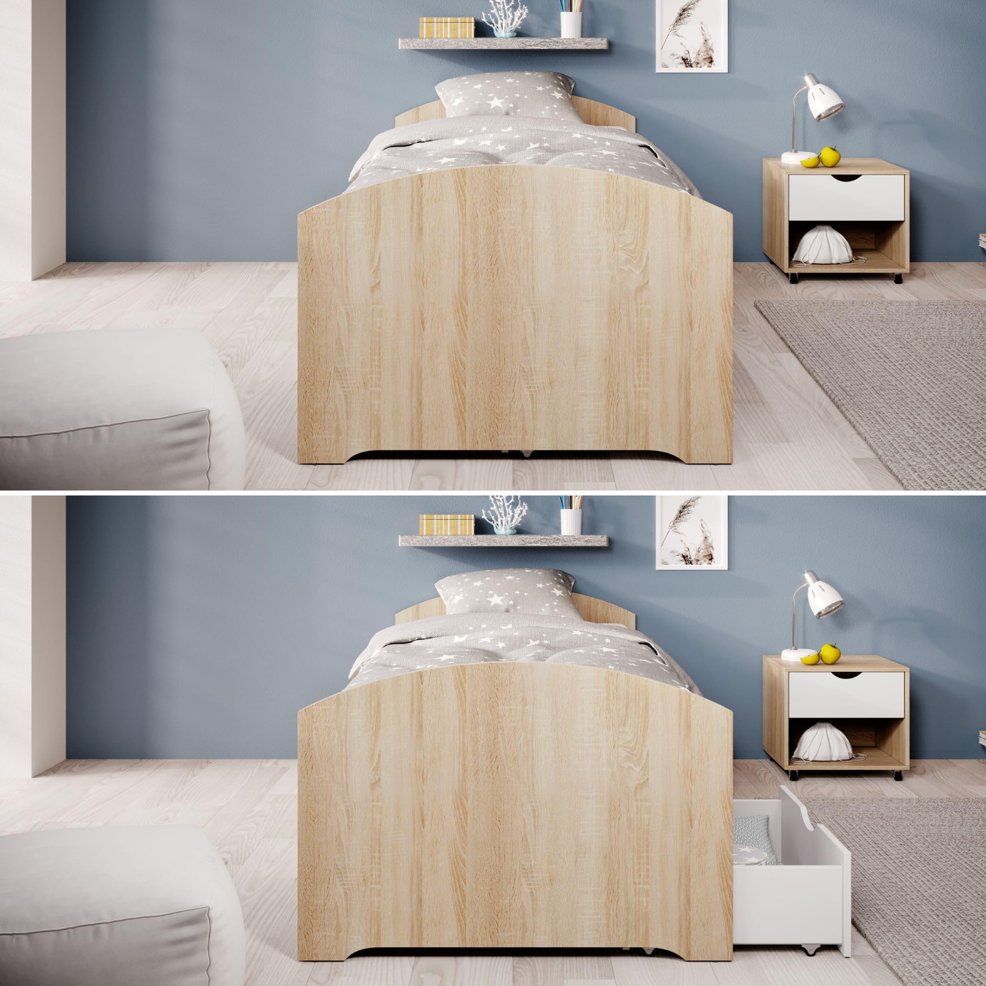 Stella Trading NEMO Modernes Einzelbett mit 2x Schubkästen 90 x 200 cm - Praktisches Jugendzimmer Kojenbett in Eiche Sonoma Optik - 96 x 66 x 204 cm (B/H/T) | 96 x 66 x 204 cm (B/H/T), Bett mit Stauraum, 2 Schubkästen auf Rollen, offenes Fach, Schlafzimme