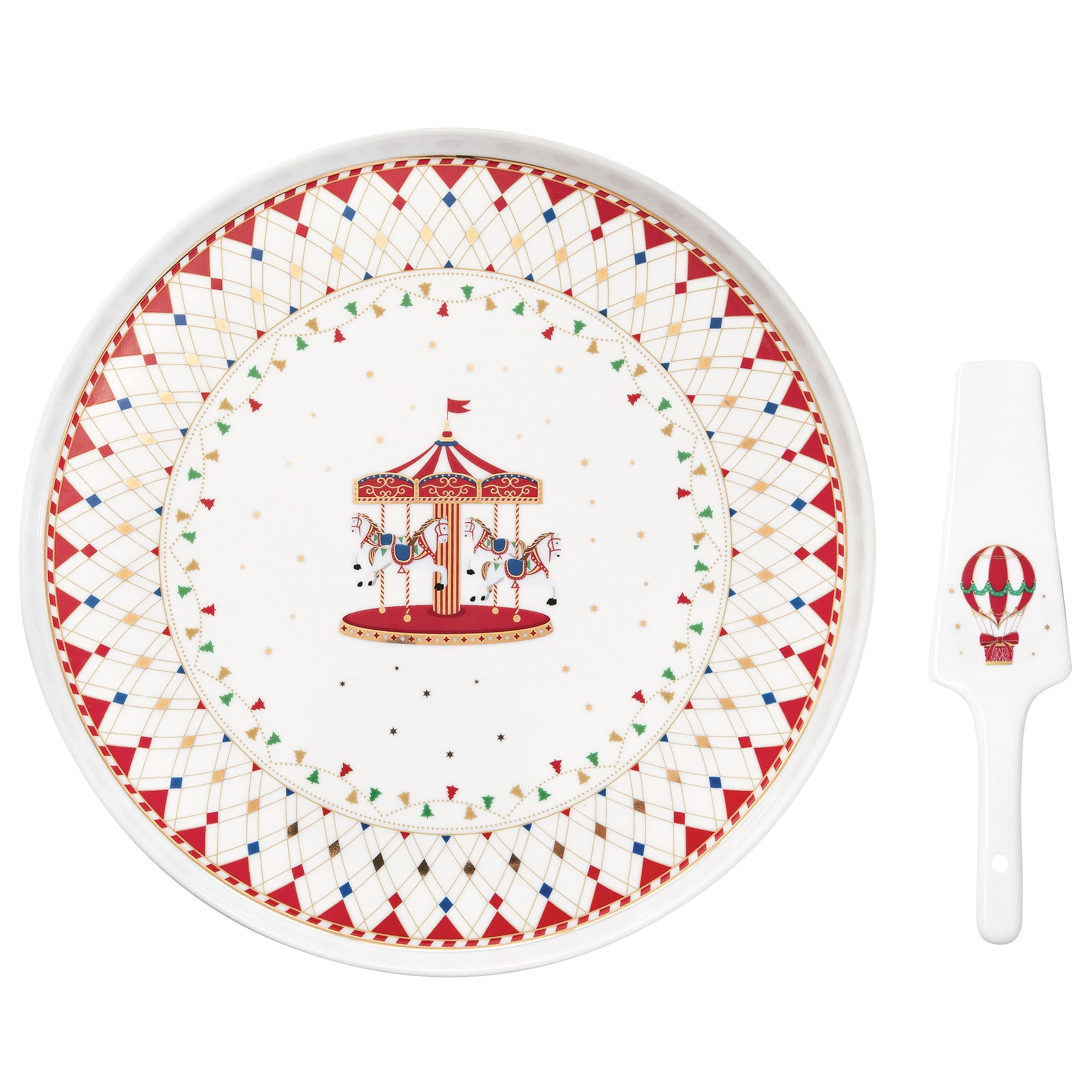 MamboCat Christmas Wonderland Patera na tort, Ø 32 cm, z łopatką do tortów, okrągła porcelanowa podstawka na ciasto z czerwono-złotym wzorem bożonarodzeniowym, na ciastka, babeczki i inne