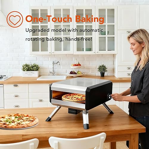 Miniatura 5 de Horno de pizza, con piedra y patas para pizza de 14 pulgadas, función de rotación automática, horno de pizza a gas al aire libre, material de acero