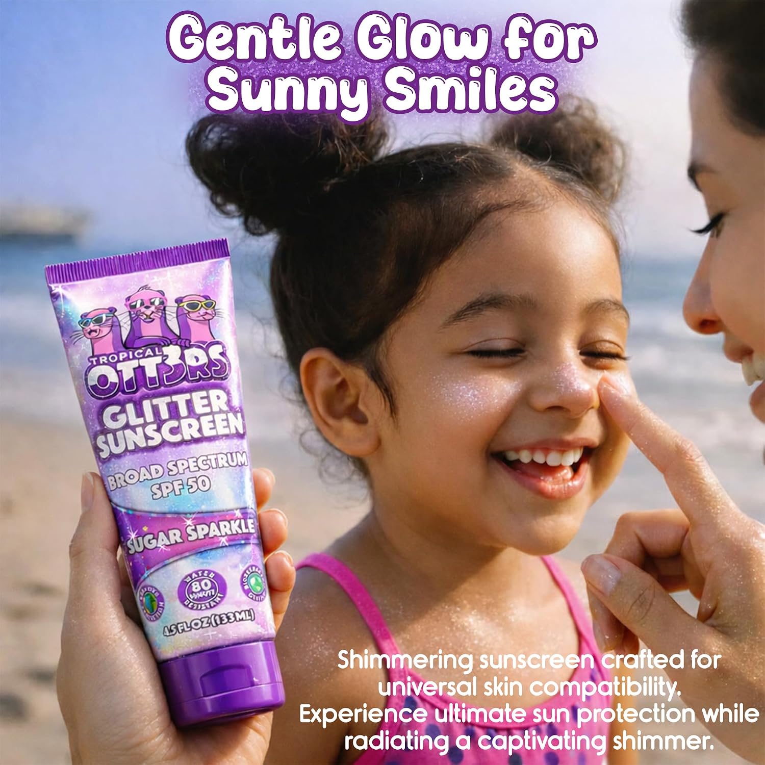 Glitter Sunscreen SPF 50 Lotion 4.5oz - Sparkle & Shimmer Sunscreen - Colored Sun screen for Kids & Women - UVA/UVB Sunshine Protection + 80 Min Water Resistant - (Scented) (USA Made)
