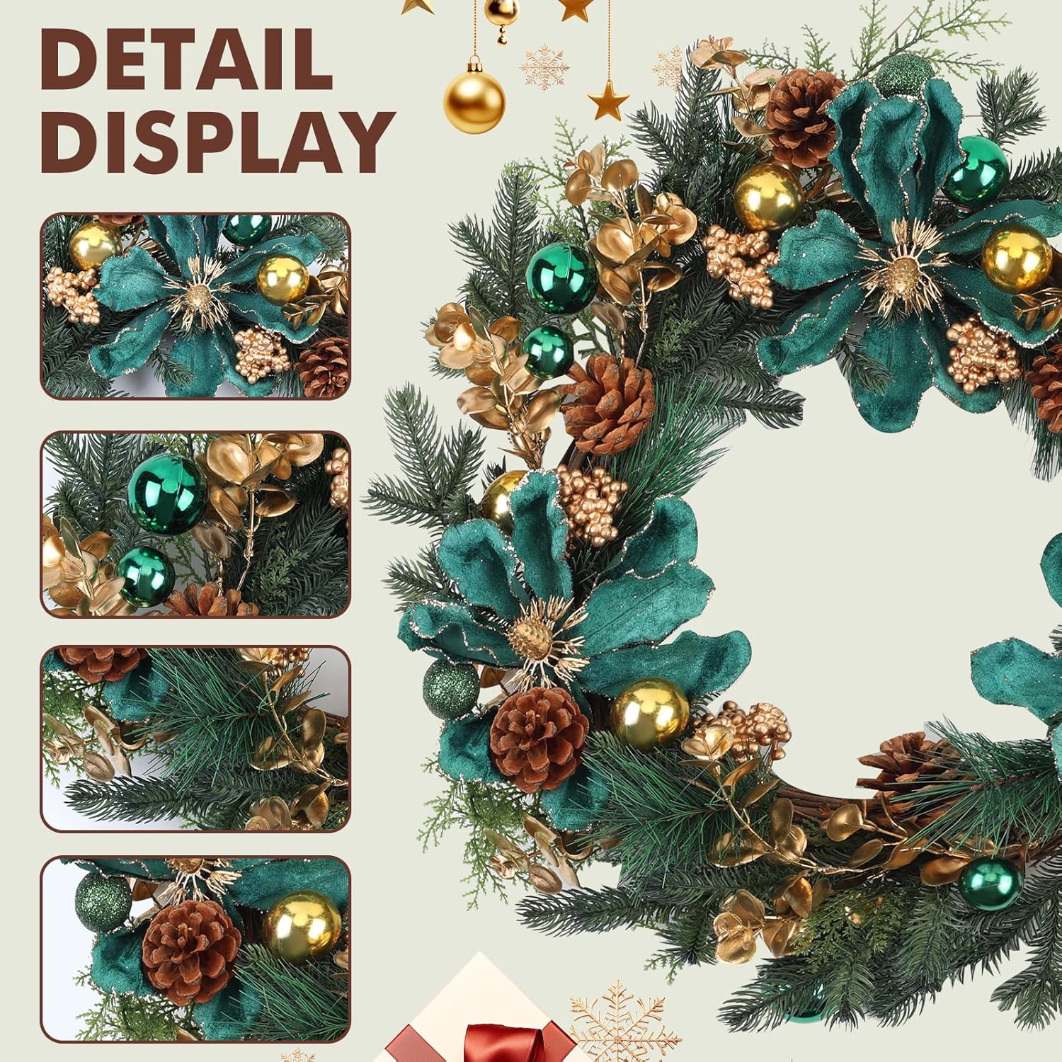22 Inch Christmas Wreath for Front Door Christmas Wreath Decoration with Green Velvet Flowers,Gold and Green Ball Ornaments,Pine Cones,Fireplace Mantel, Wall, Indoor Outdoor Holiday Xmas Decorations​