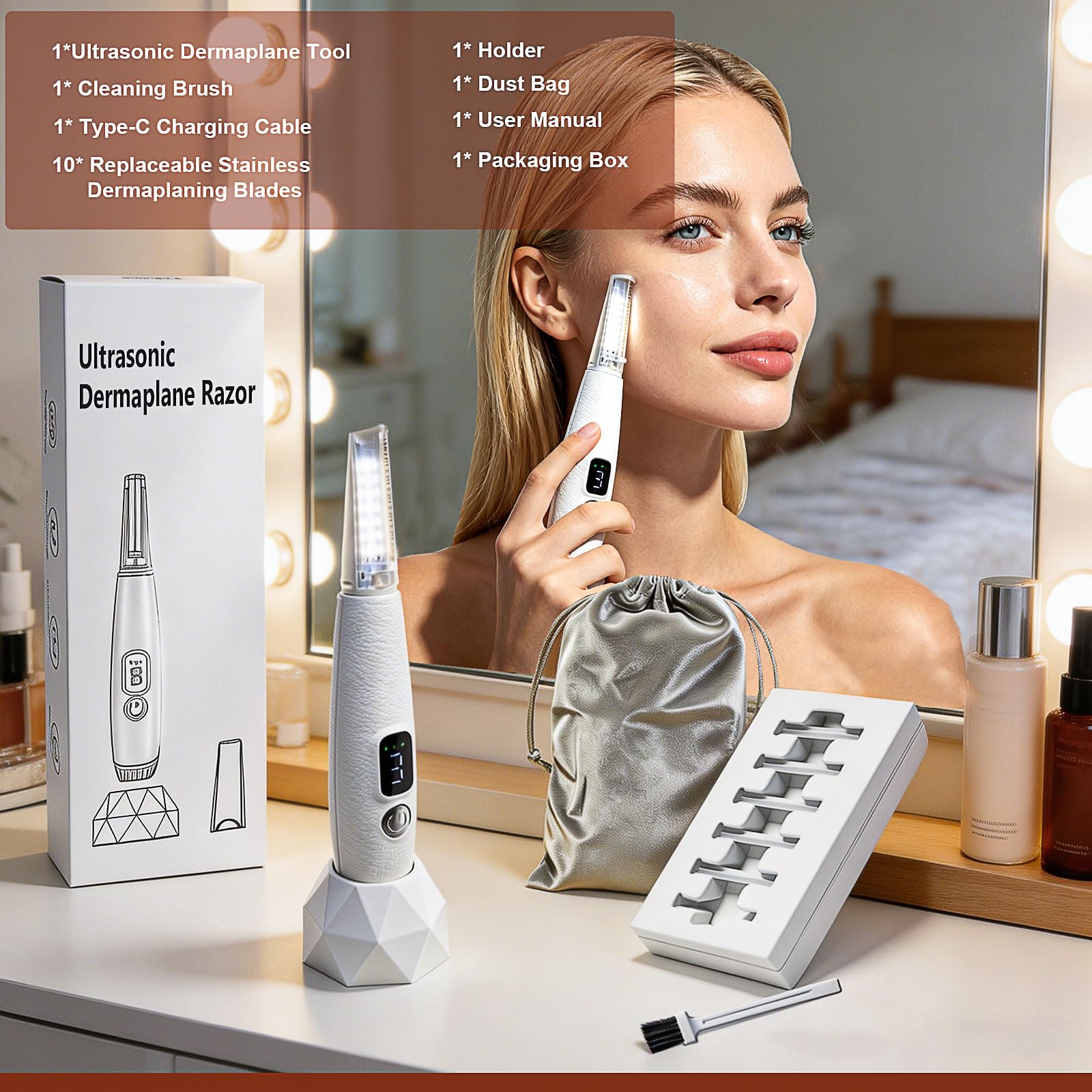 Sonic Dermaplane - Maquinilla de afeitar para mujer con 12 cuchillas de recambio para la cara, herramienta de planificación Derma Peach Fazz y exfoliante para cejas y vello facial, 3 velocidades, LED