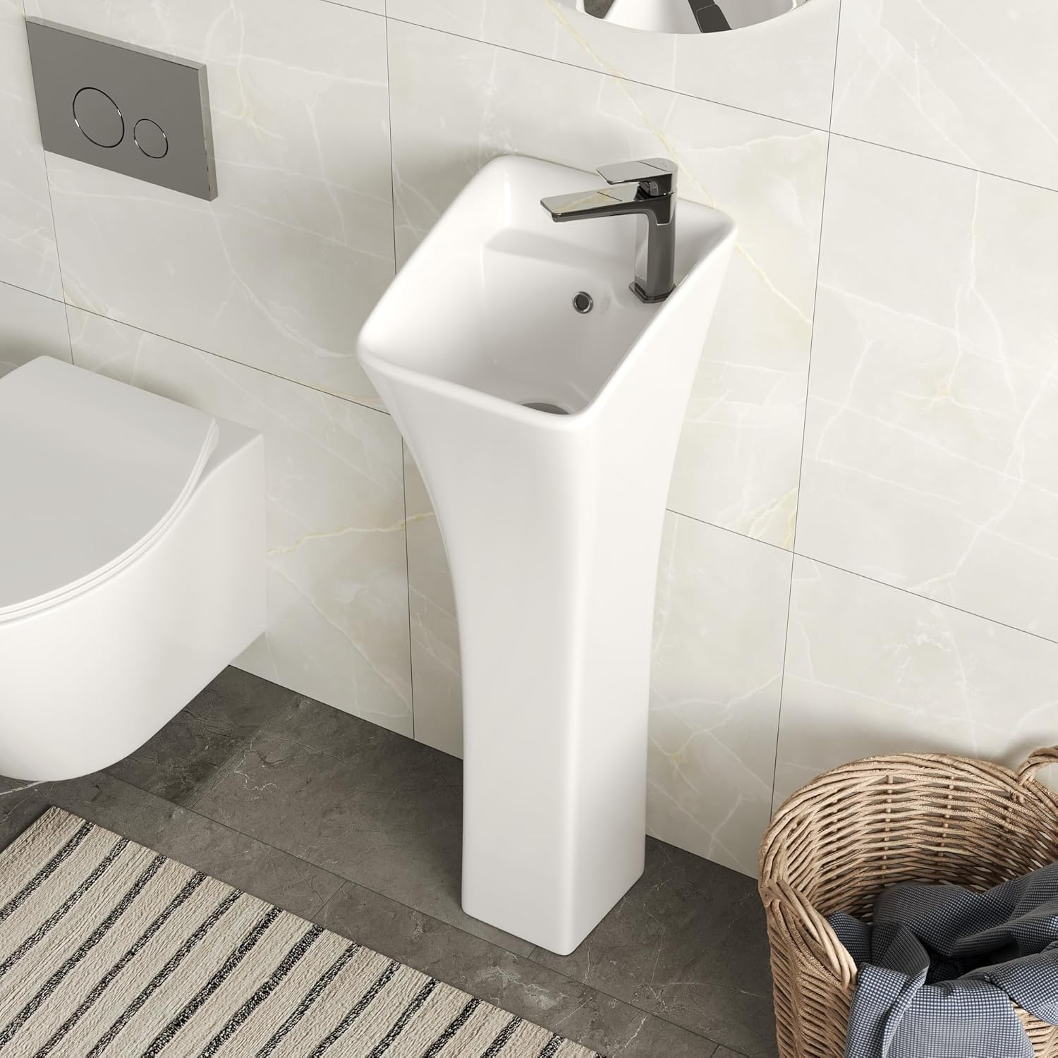 DeerValley DV-1P529 Horizon Small Pedestal Sink - Ceramic Freestanding Bathroom Sink 11.22x12.6x35in White with Overflow