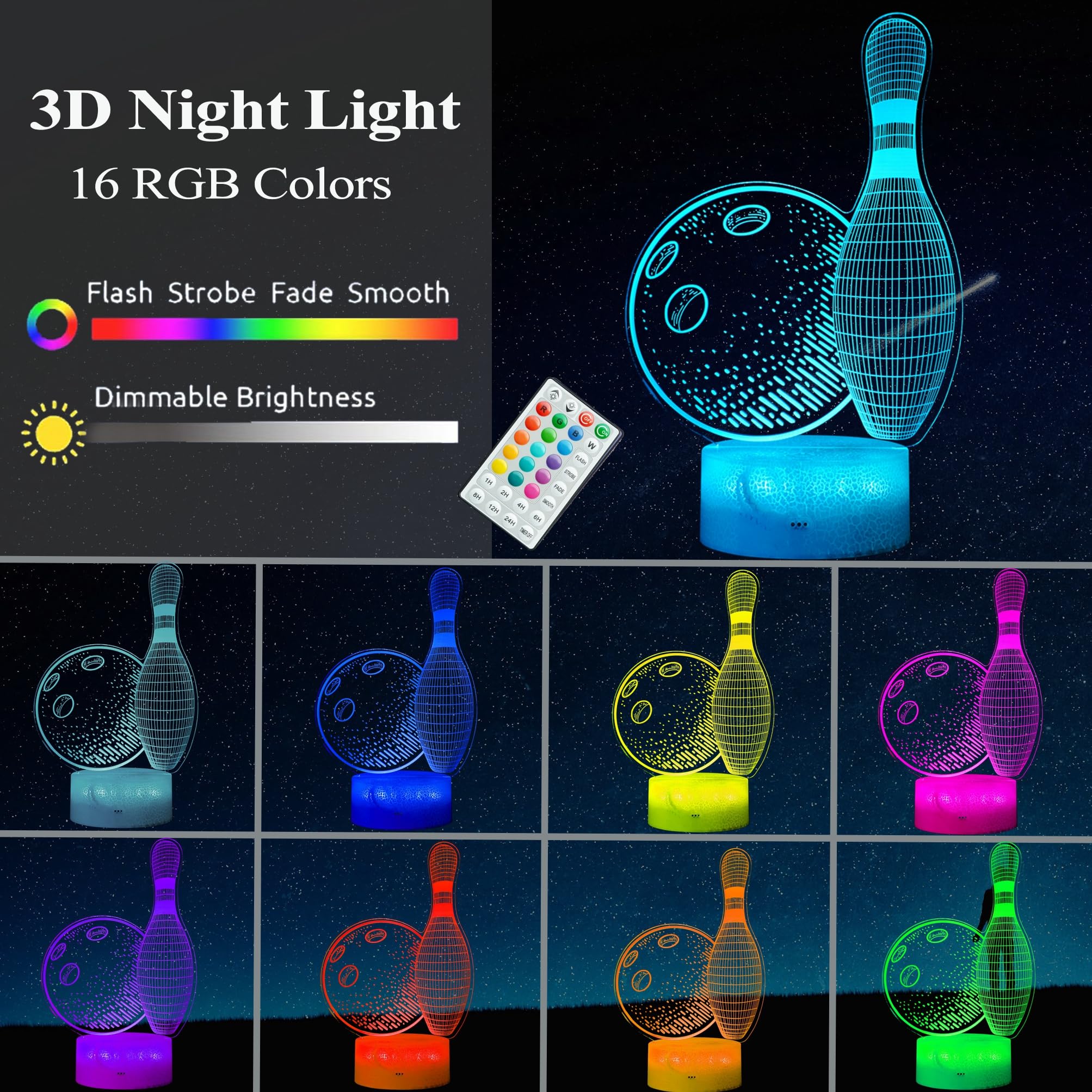 Bowling Night Light, Bowling Gifts 3D Illusion Lamp with 16 Colors Changing, Timer, 4 Flash Modes and Dimmable, Kids Boys Girls Room Decoration, Holiday Xmas Gifts
