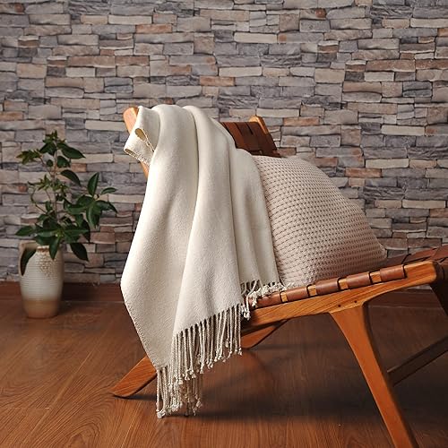 Miniatura 3 de CUDDLE DREAMS Manta Decorativa de Seda con Flecos Anudados a Mano, Natural, Suave y Transpirable (Marfil)