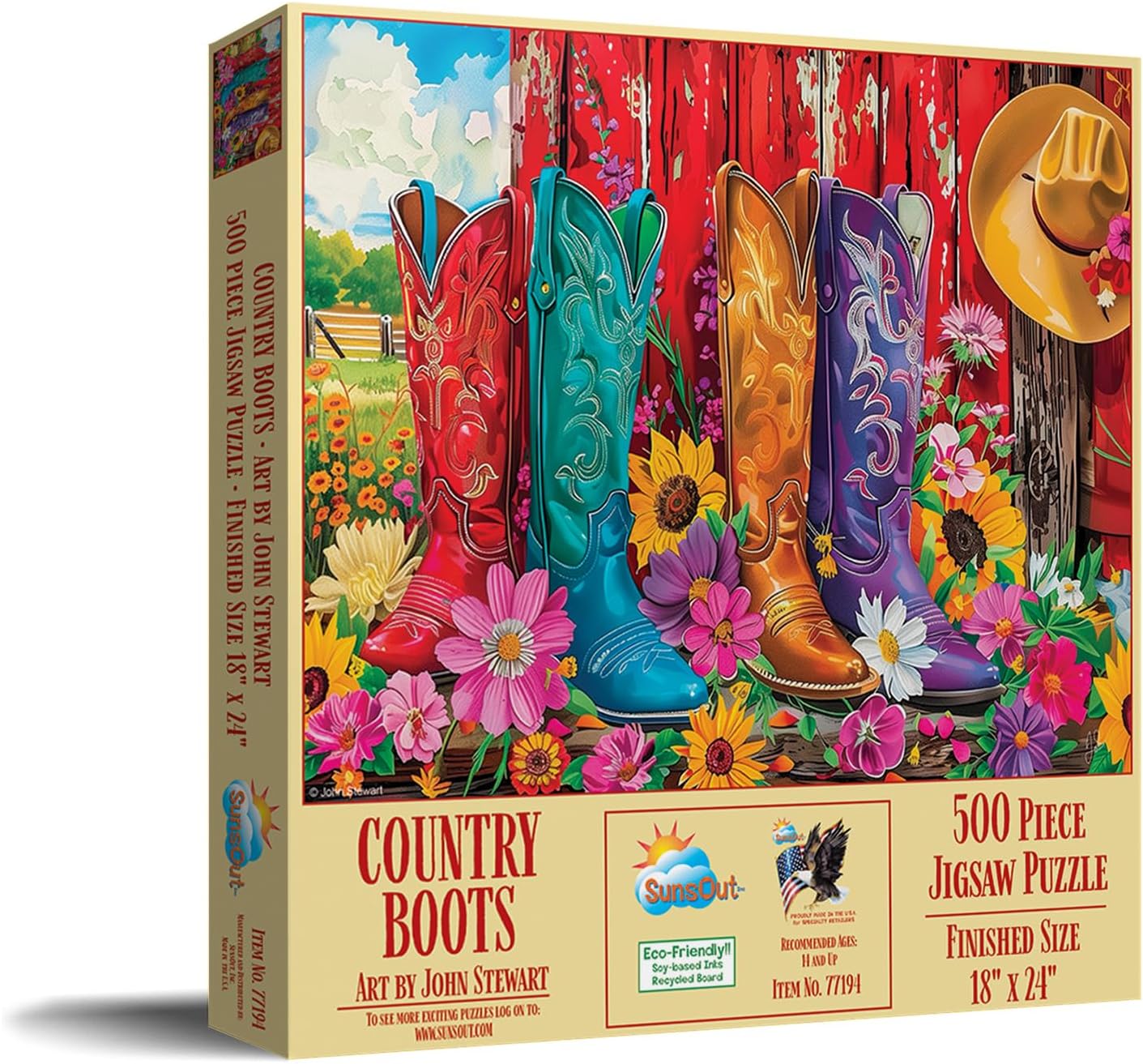 SUNSOUT INC - Country Boots - 500 piece Jigsaw Puzzle for Adults by Artist: John Stewart - Finished Size 18" x 24" - MPN# 77194