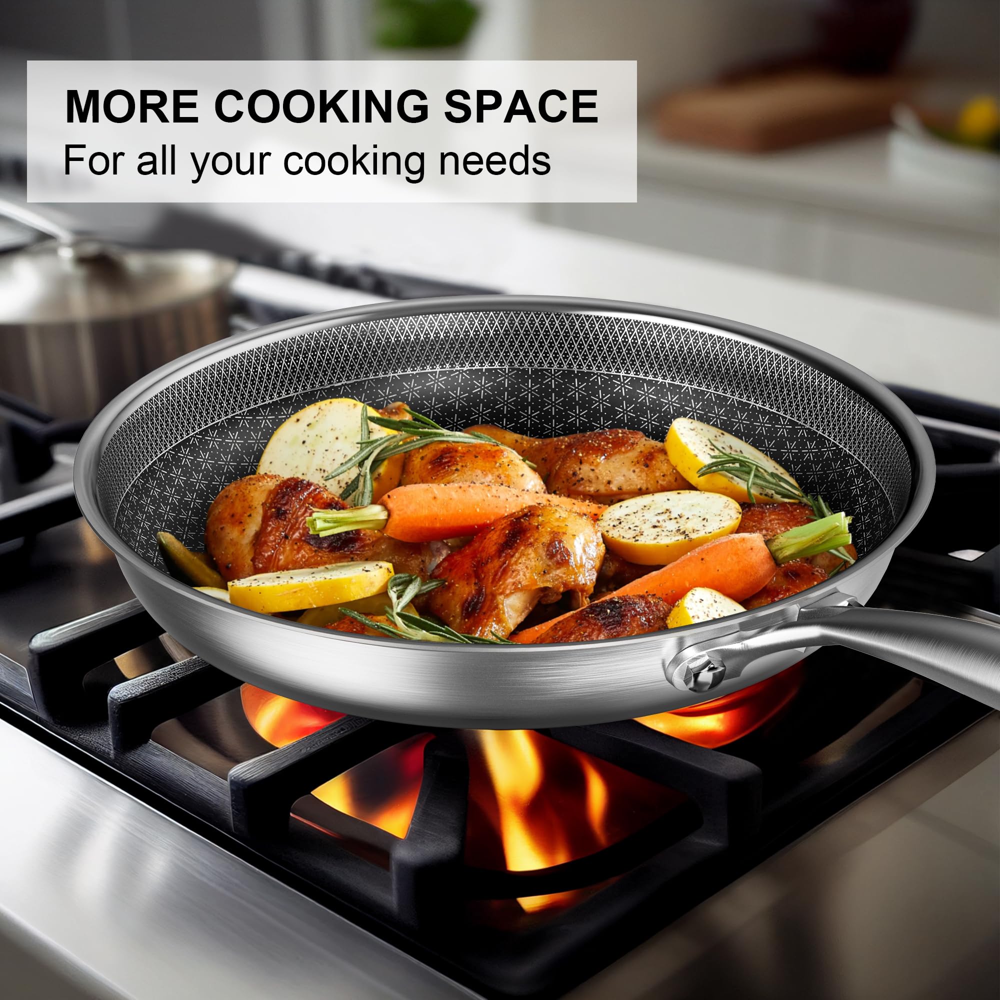 RIOVARM Acier inoxydable Set de poêles à frire Induction Antiadhésive Batterie de cuisine 20cm 26cm 30cm Poêle Wok Lavable au lave-vaisselle Sans danger pour le four pour tous les types de cuisinières