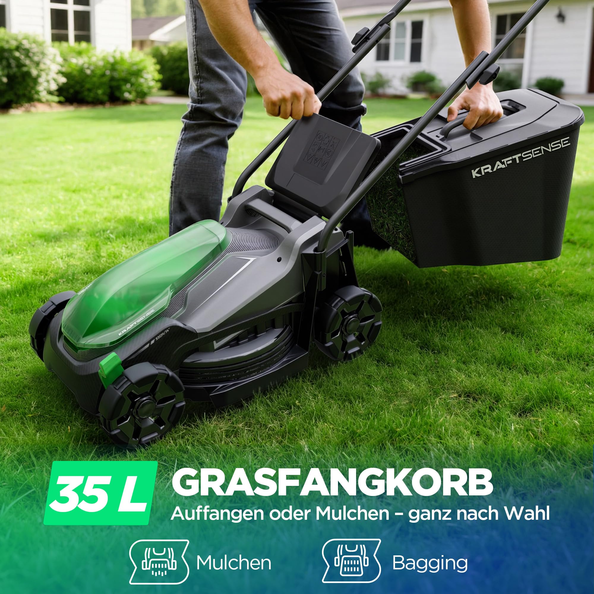 Akku-Rasenmäher für kleine Gärten, 33 cm Arbeitsbreite, bürstenloser Antrieb, 2-in-1 Mulchen & Fangen, mit 5,0 Ah Akkus für bis zu 300 m² pro Ladung, inkl. Typ-C-Ladekabel
