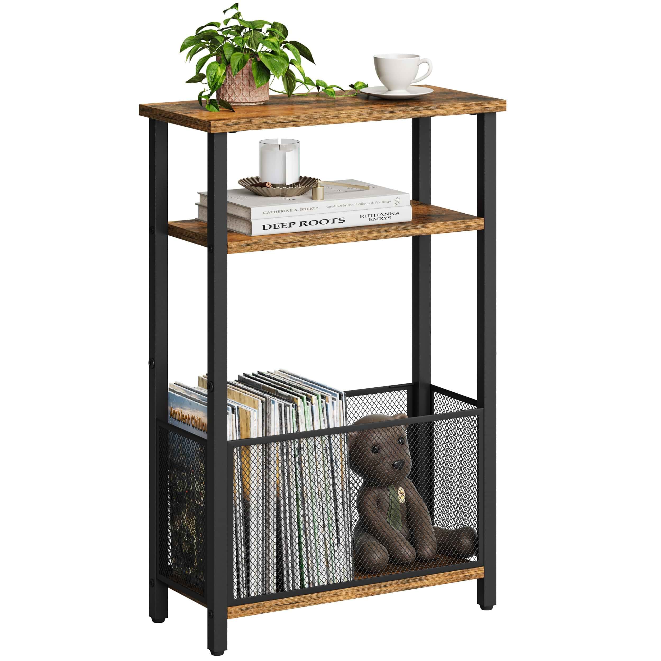 MMEOLUOOK Narrow Side Table with Storage Basket Skinny End Tables for Smalls Spaces 3 Tier Sofa Table Small Nightstand Slim Bedside Table for Living Room Bedroom Rustic Brown MLBZ22RB