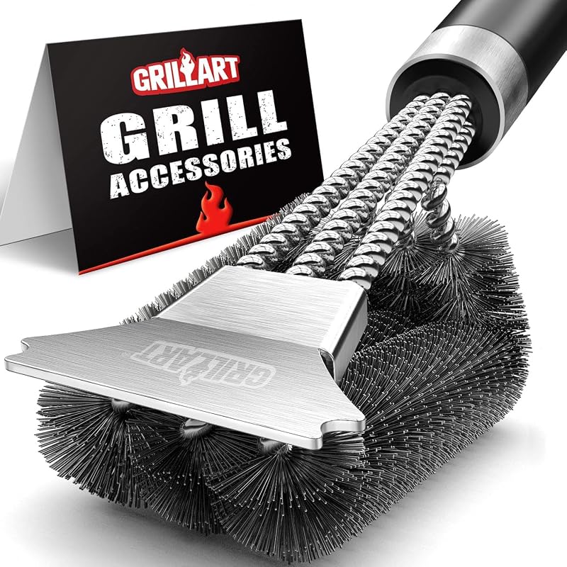 GRILLART Grill Brush and Scraper,18'' Deluxe Adjustable Handle BBQ Cleaner | Triple Cleaning Heads, Heavy-Duty Bristle Scrubbers, for Smoker/Gas/Charcoal, Outdoor Grilling, Gifts for Men/Dad