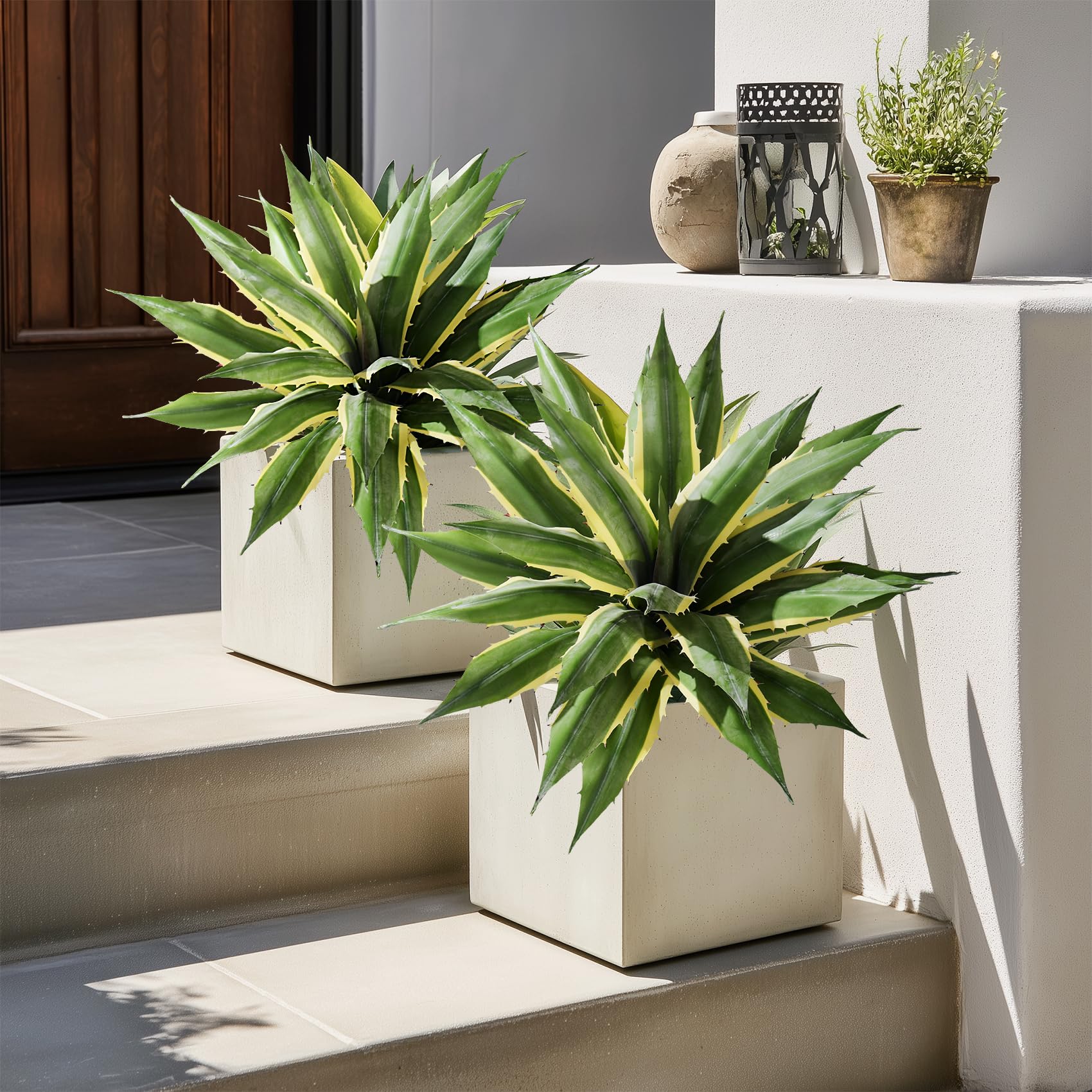 Artificial Agave Plant Fake Agave Planters for Indoor Outdoor Faux Agave Plants Real Touch Realistic Greenery for Home Living Room Office Bathroom Garden Front Porch Patio Decor (21inch-2 Pcs Yellow)