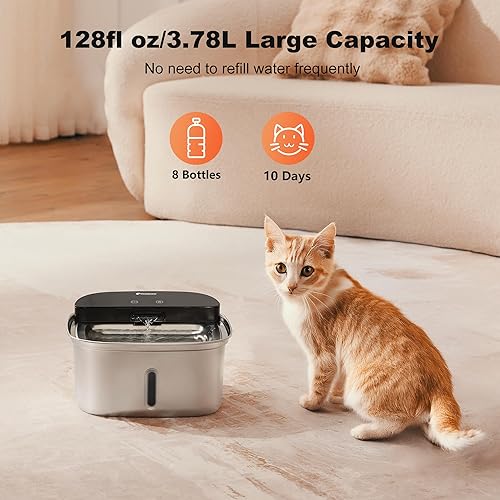 Miniatura 6 de Fuente de agua inalámbrica de acero inoxidable para gatos, dispensador de agua automático de 128 onzas  3.78 L para gatos y perros, fuente