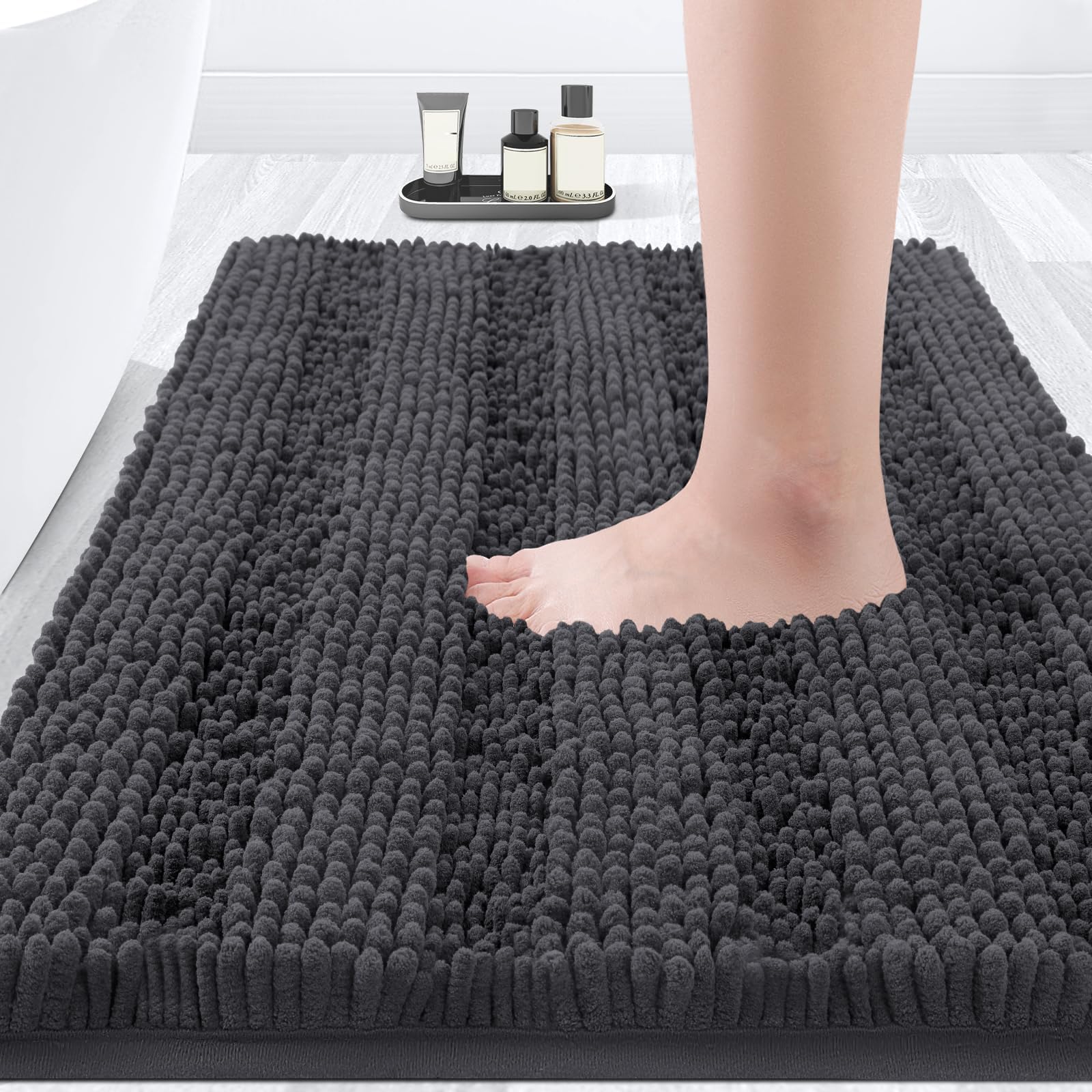 ACCUMTEK Striped Grey Bathroom Rug Mat 32x20 Ultra Soft Non Slip Chenille Bath Rugs Absorbent Plush Shaggy Bath