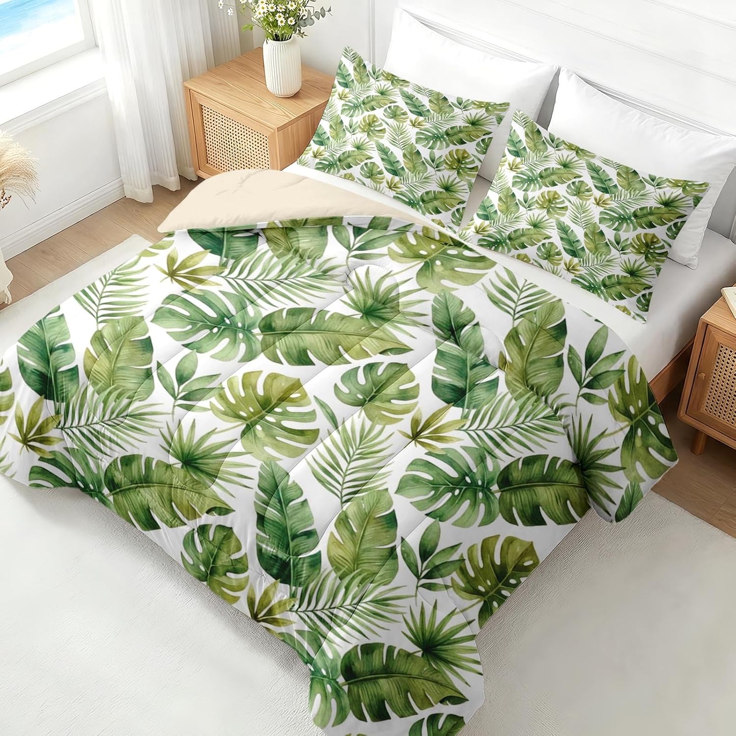 Nesker Twin Comforter Set 2 Pcs, Tropical Monstera Watercolor Bedding for Kids and Adults, Green Botanical Palm Tree Bed Set for All Season, Comforter with Pillowcase for Bedroom Bed Decor