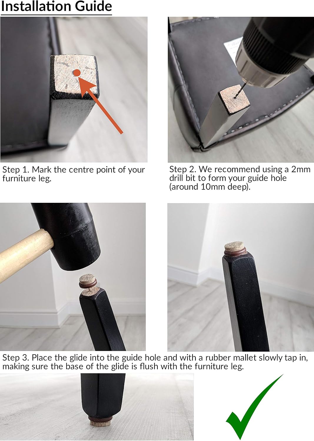 Furniture Sliders. Nail-in Gliders with Soft Felt Pads. Made in Germany (21mm Diameter, Pack of 36 with 1 x 2mm Drill Bit)