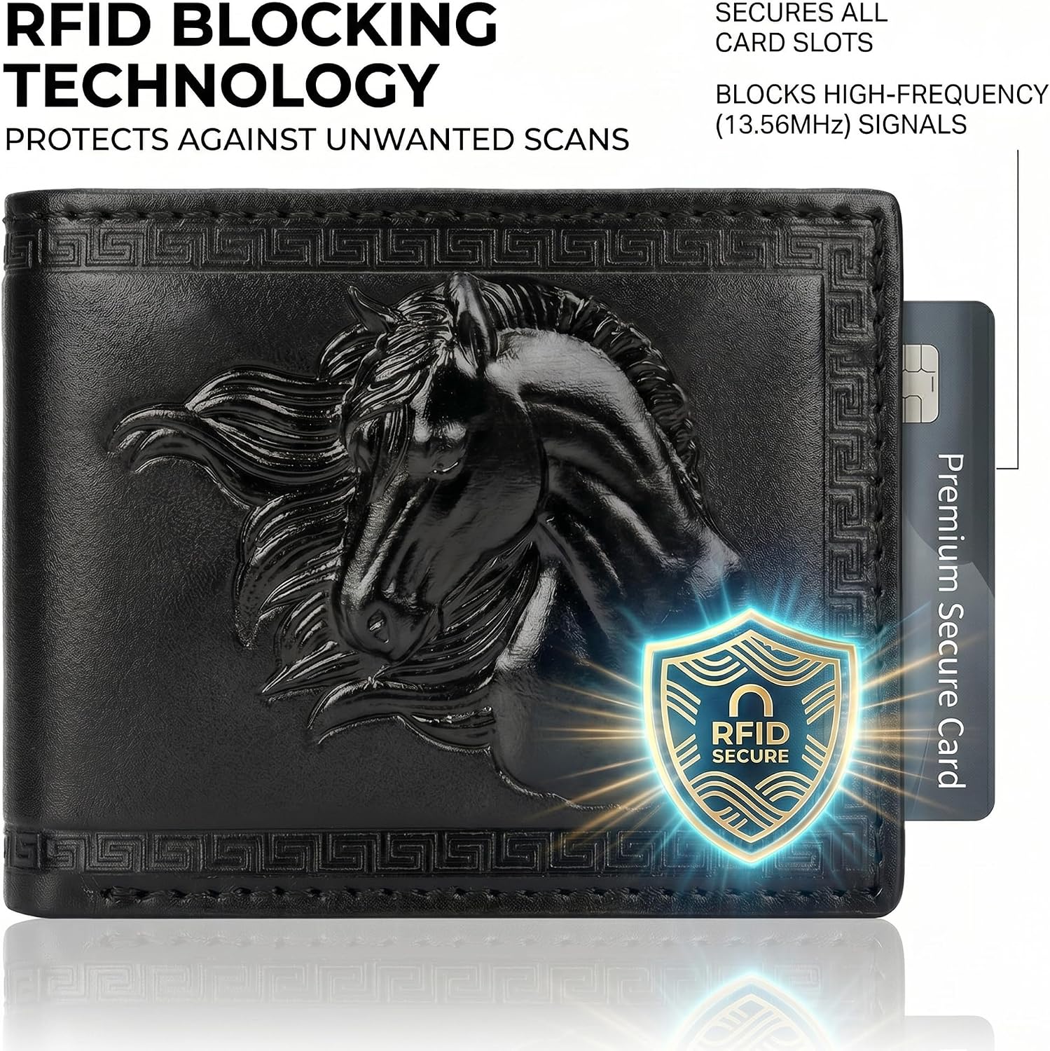 Leather Wallets for Men - 3D Embossed Realistic Horse Bifold Wallet with RFID Blocking, 1 ID Window, 9 Card Slots & 2 Cash Pockets - Equestrian Western Genuine Leather (Jet Black)