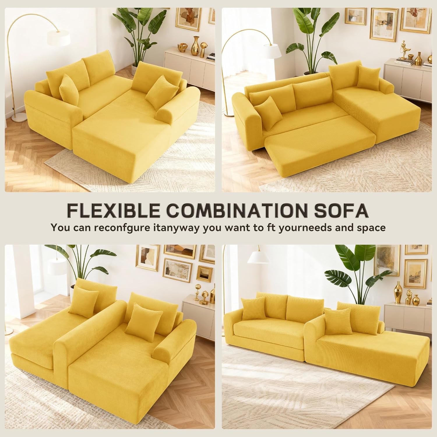 103” Cloud Modular Sectional Sofa with L-Shape Chaise, Modern Corduroy Boneless Sofa with Pull Out Bed, Deep Seat Folding Couch for Living Room, No Assembly Needed, Yellow (Left Facing Chaise)