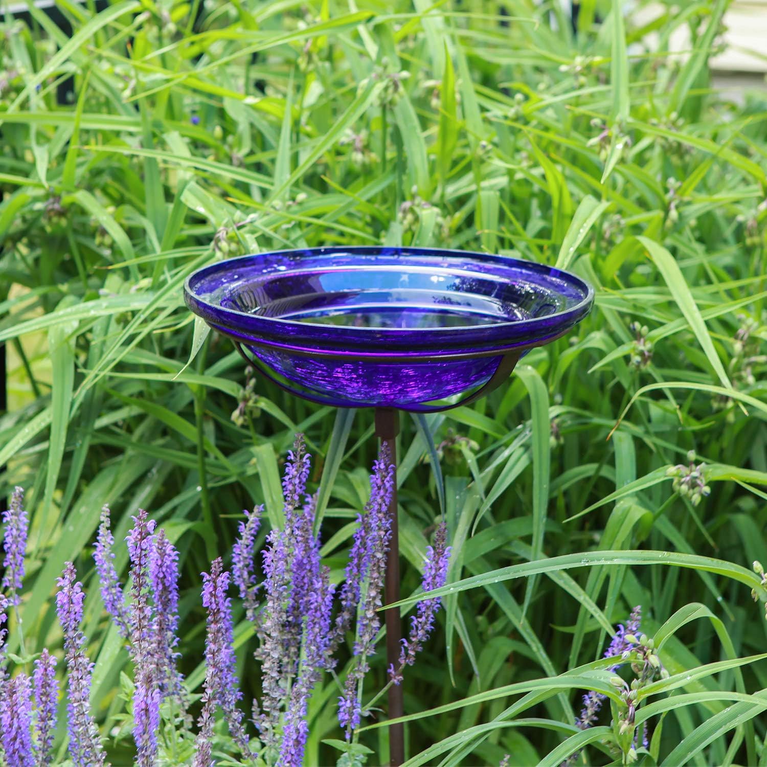 Achla Designs Crackle Glass Birdbath Bowl with Stake, 12-in, Cobalt Blue