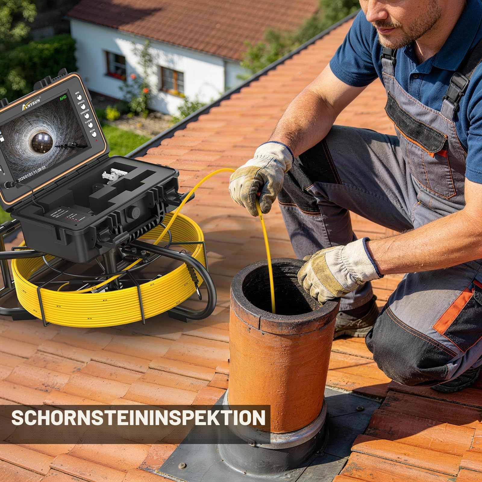 Anysun Selbstnivellierung Rohrkamera 30M, 512Hz Sender, 1080P HD 23mm Kamera, 9" IPS Inspektionskamera mit 7mm Meter-Kabel, DVR & 32GB Karte, Abflusskamera IP68 Wasserfest, 5100mAh Batterie | 9" IPS Inspektionskamera mit 7mm Meter-Kabel, DVR & 32GB Karte,