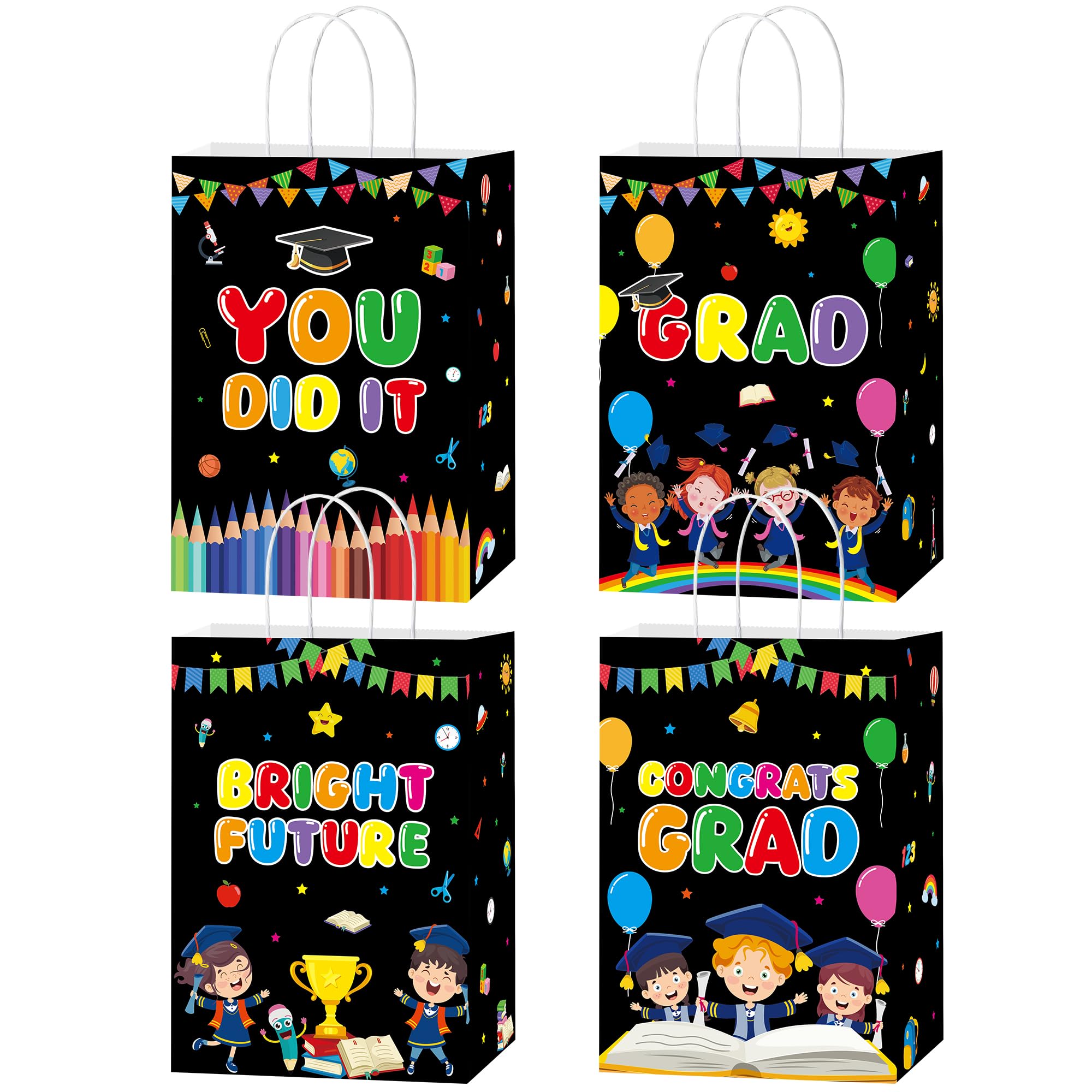 MOIZYNG 16PCS Kindergarten Preschool Graduation Gift Bags, Black Congrats Grad You Did It Paper Snack Treat Candy Goodie Bags with Handles for Boys Girls Kids Graduation Party Favors