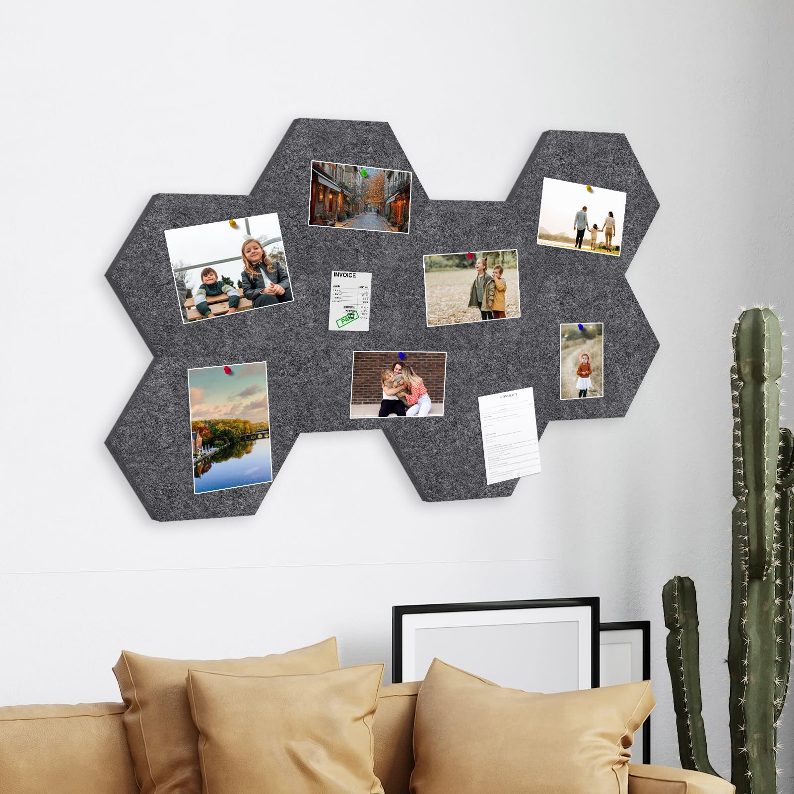 Hexagon Filz Pinnwände 8 Stück, 12mm dicke 22x19cm, Dunkel Grau | mit 60 Push-Pins & Klebepads für DIY-Memo-Pinnwand, dekorative dunkelgrau Vision-Board für Büro Zuhause Küche & Schlafzimmer