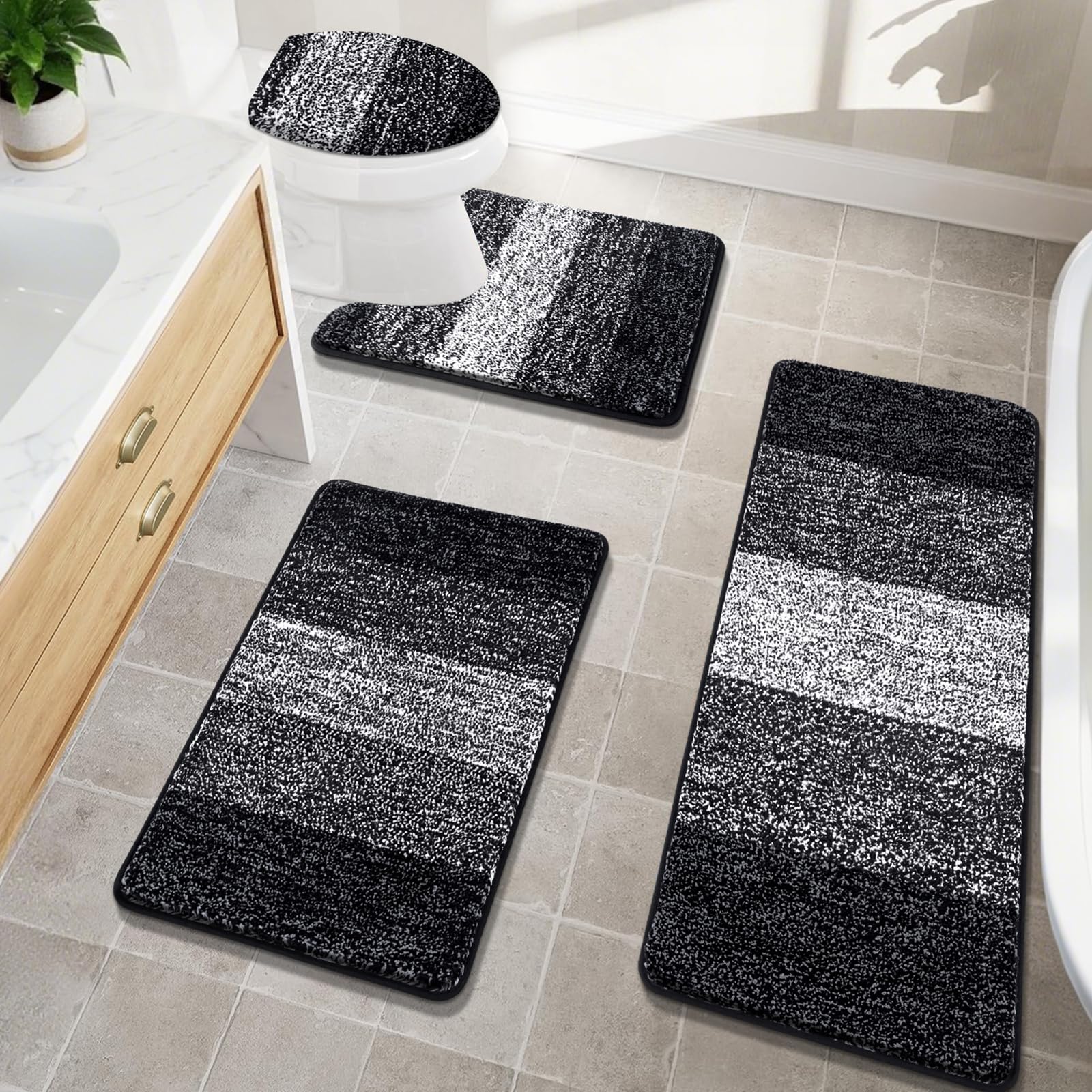Bsmathom Bath Rug Set 4 Piece with Toilet Lid Cover and Rug Set, Non Slip Bath Mats Soft Shaggy Absorbent Bathroom Mat with U-Shaped Toilet Mat for
