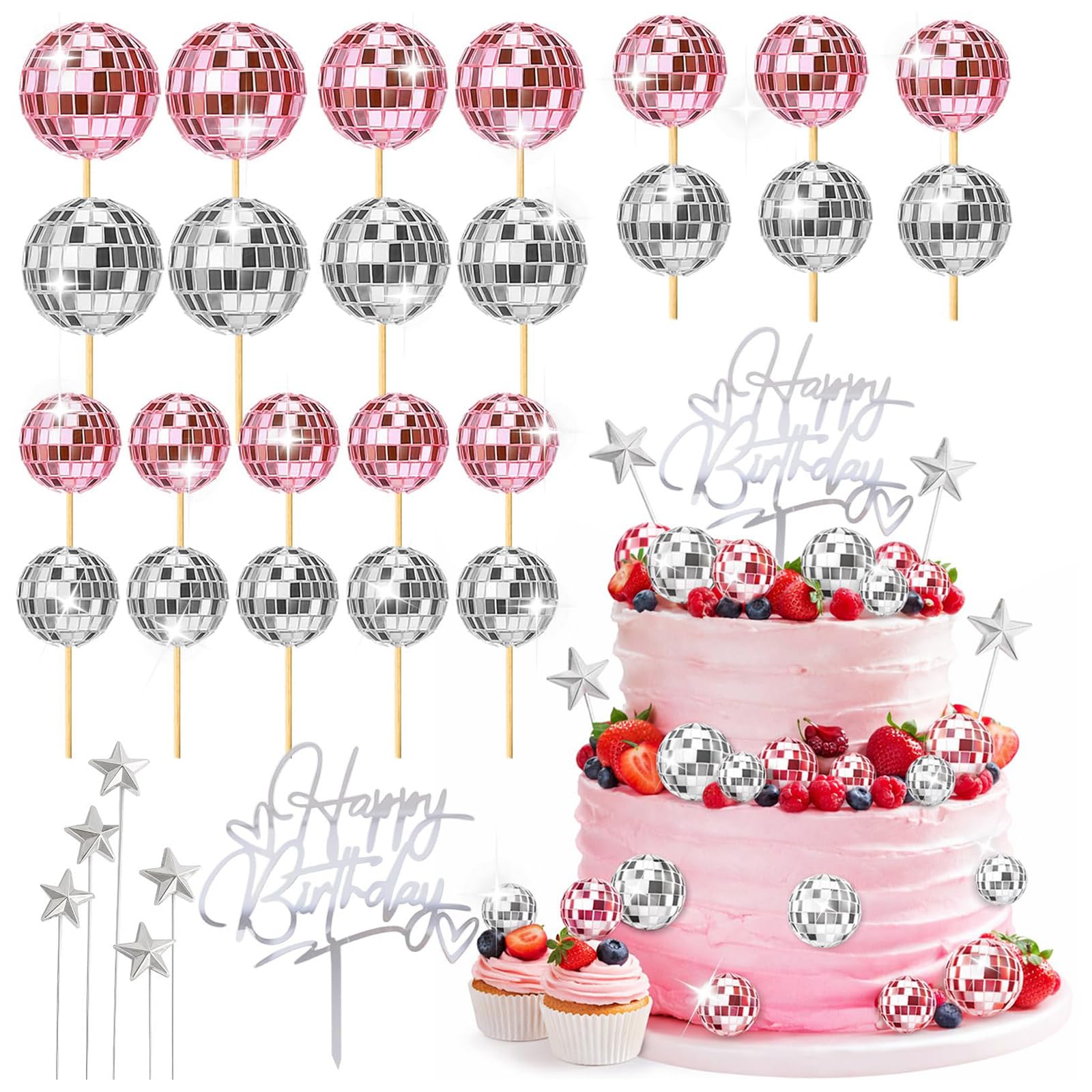 Exylosluxek 29 Piece Disco Ball Cake Decorations, Disco Ball Cake Decoration, Kpop Cake Decorations, Pink and Silver for Birthday Parties